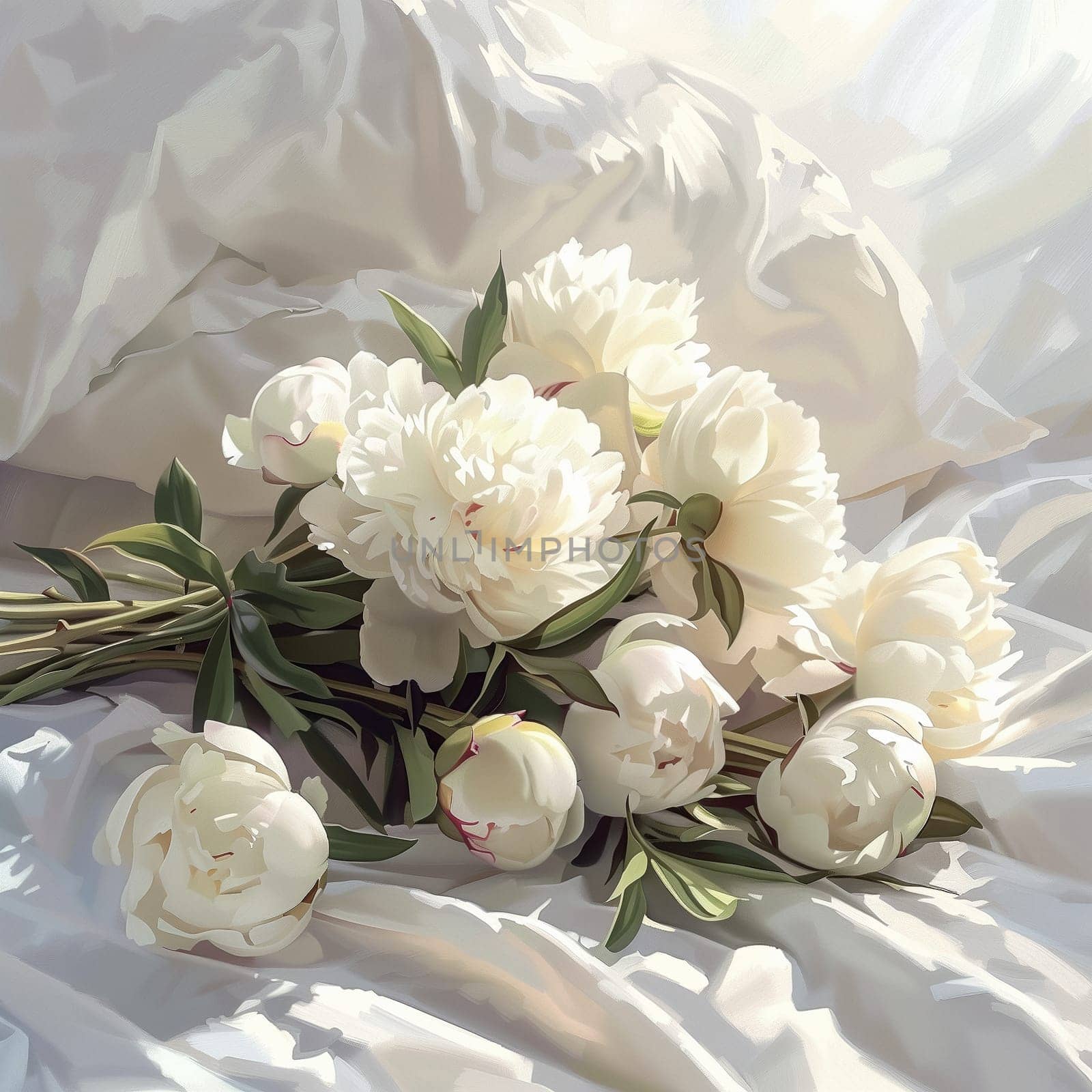 A bouquet of white peonies lying on the bed in the morning. High quality illustration