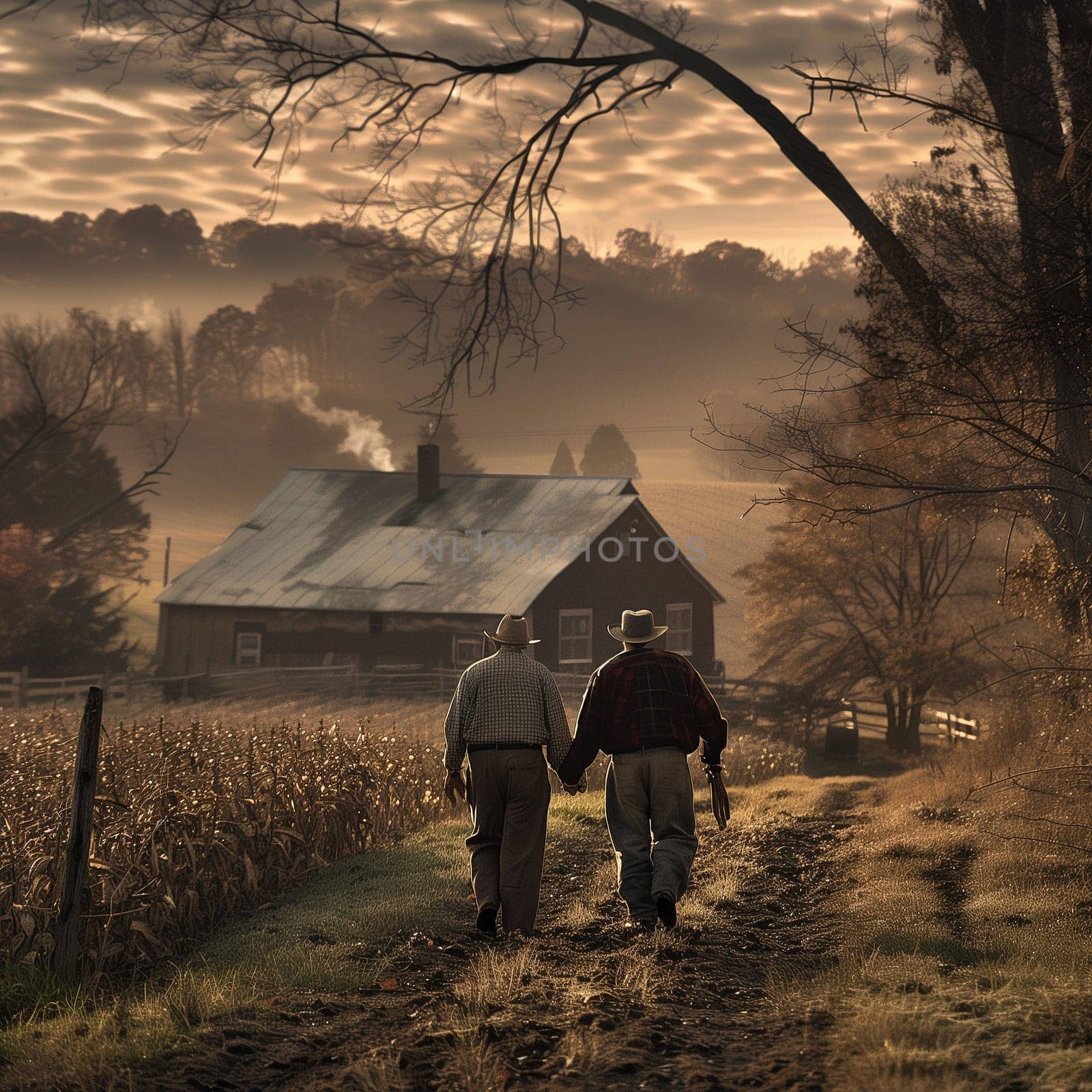 Friendship and teamwork in the fields during planting and harvesting. Friendship between two men. Friendship between two children. High quality