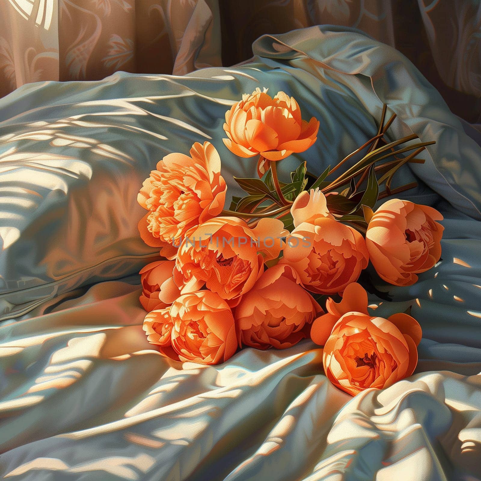 A bouquet of orange peonies lying on the bed in the morning. High quality illustration