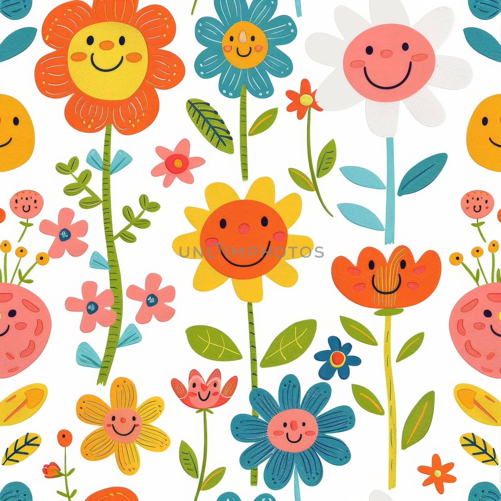 A colorful flower pattern with cartoon faces on them. The flowers are arranged in a way that they look like they are smiling. Scene is cheerful and happy