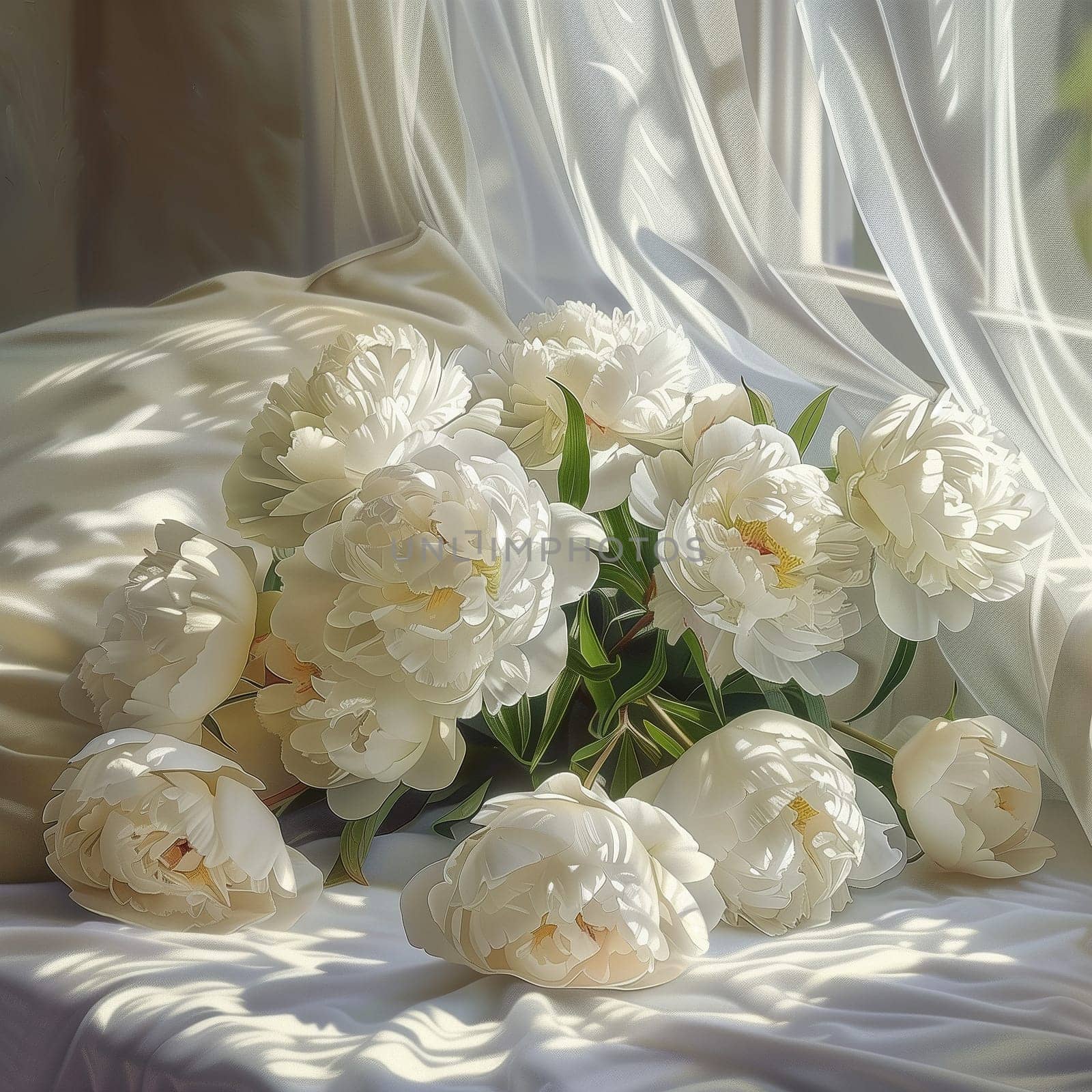 A bouquet of white peonies lying on the bed in the morning. High quality illustration