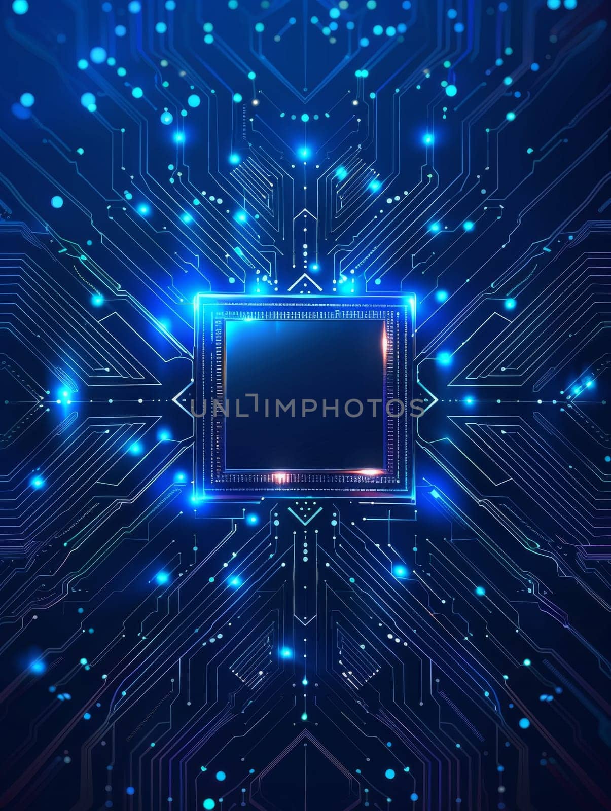 A close up of a computer chip with a blue and orange glow. futuristic technology background by itchaznong