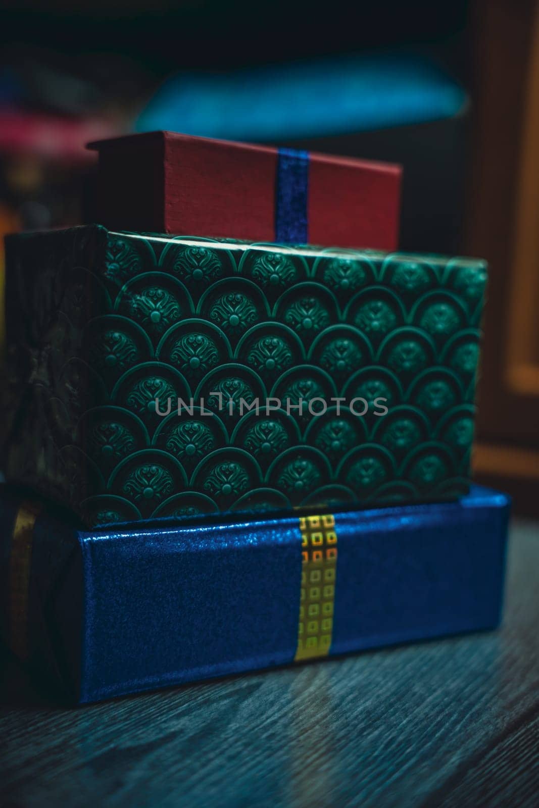 Boxes with gifts on a wooden table. High quality photo