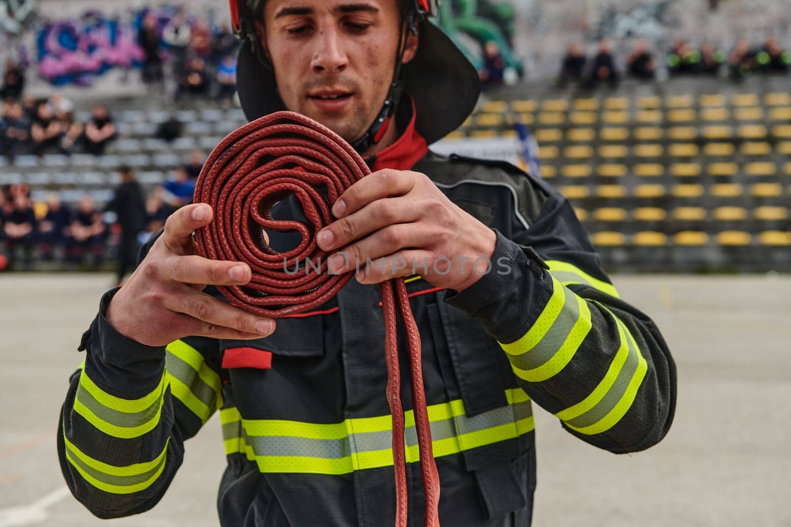 A dedicated firefighter meticulously coils the fire hose after successfully extinguishing a blaze, showcasing the critical post-incident responsibilities.