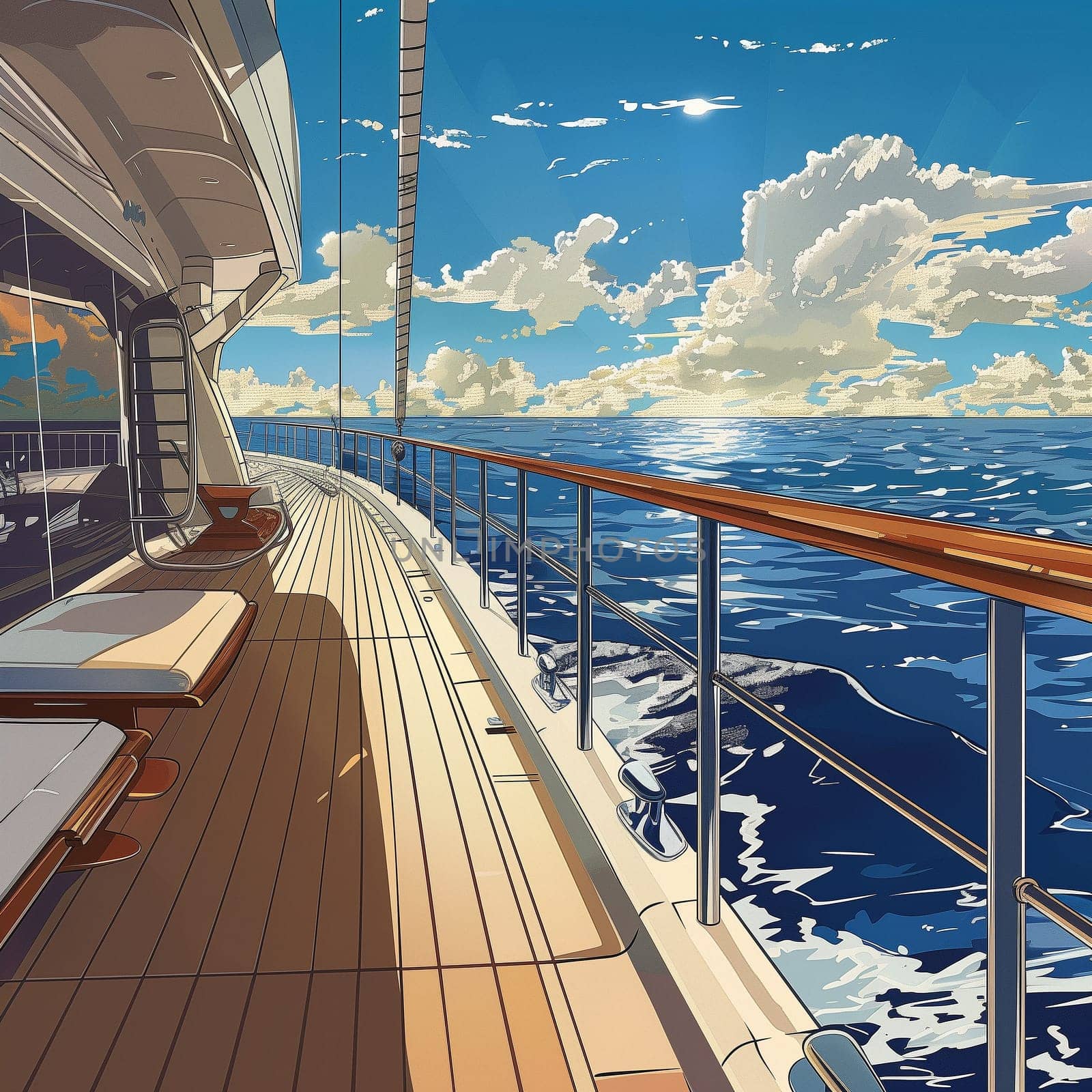 A yacht racing on the waves of the sea. Vintage anime style. High quality illustration