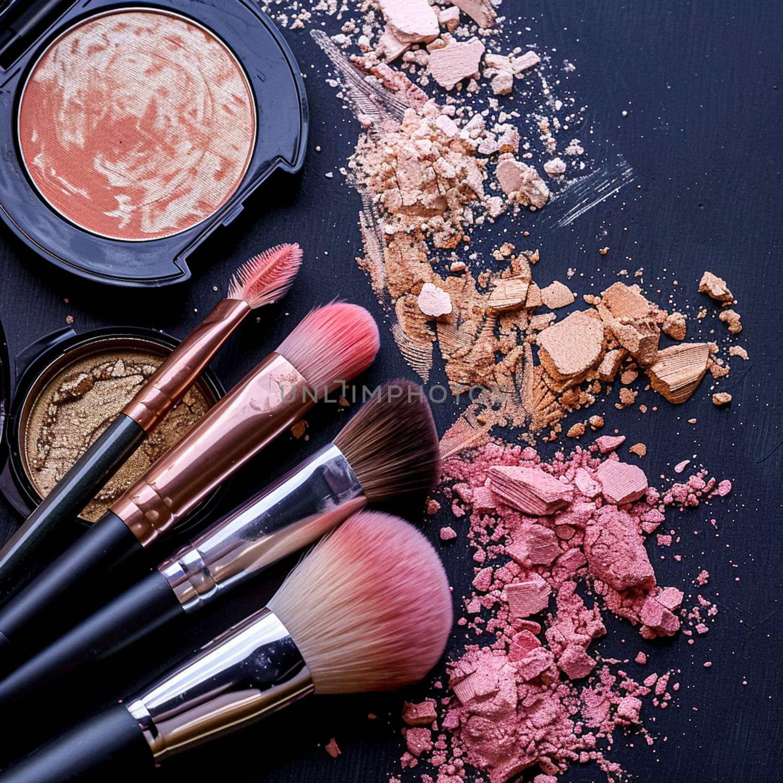 Make-up cosmetic product, beauty products and cosmetics swatch sample flatlay, various makeup brand tools as glamour fashion night out background idea