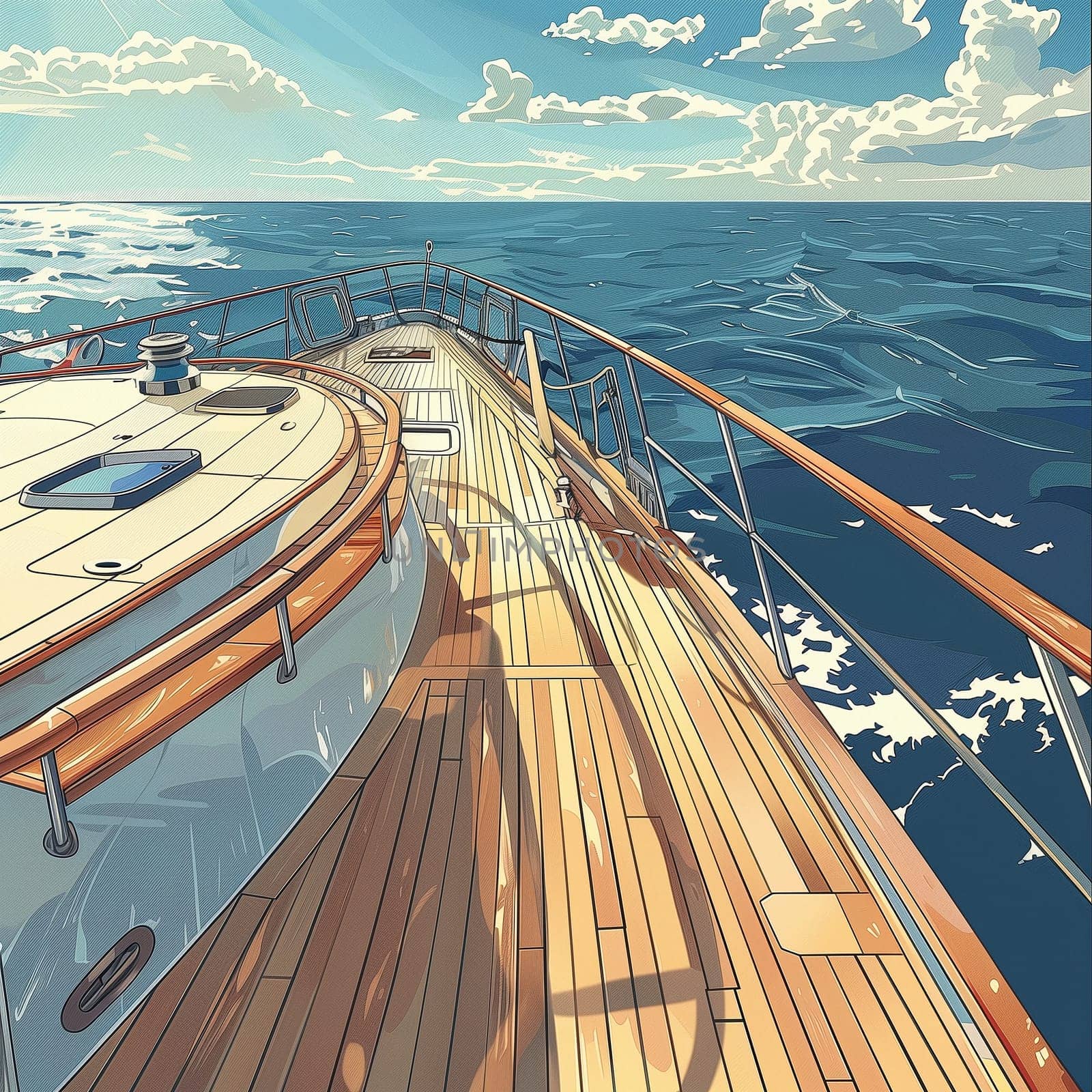 A yacht racing on the waves of the sea. Vintage anime style. High quality illustration
