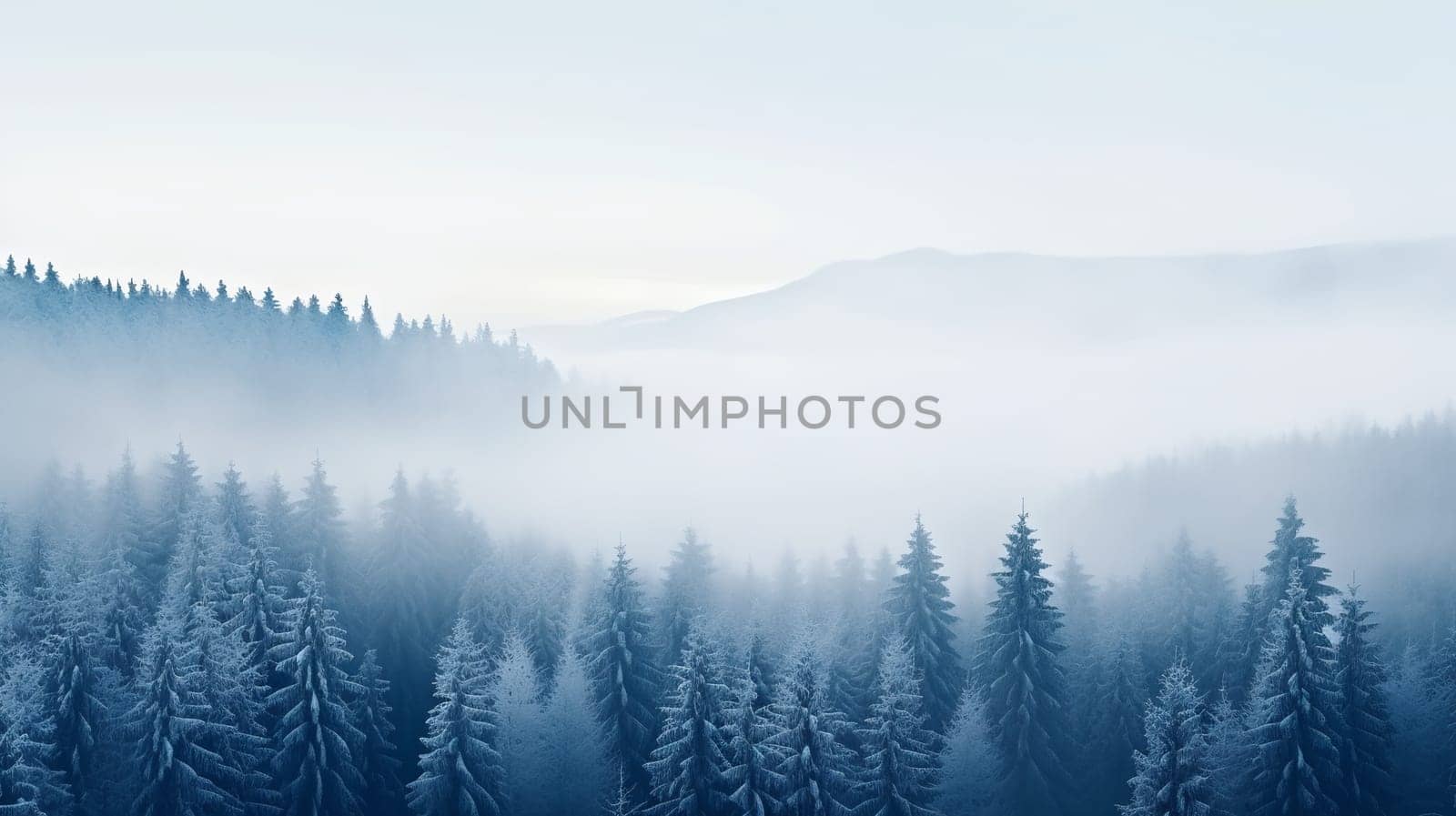 A serene winter landscape, with layers of mist enshrouding a dense forest blanketed in snow, under the soft light of an early morning - Generative AI