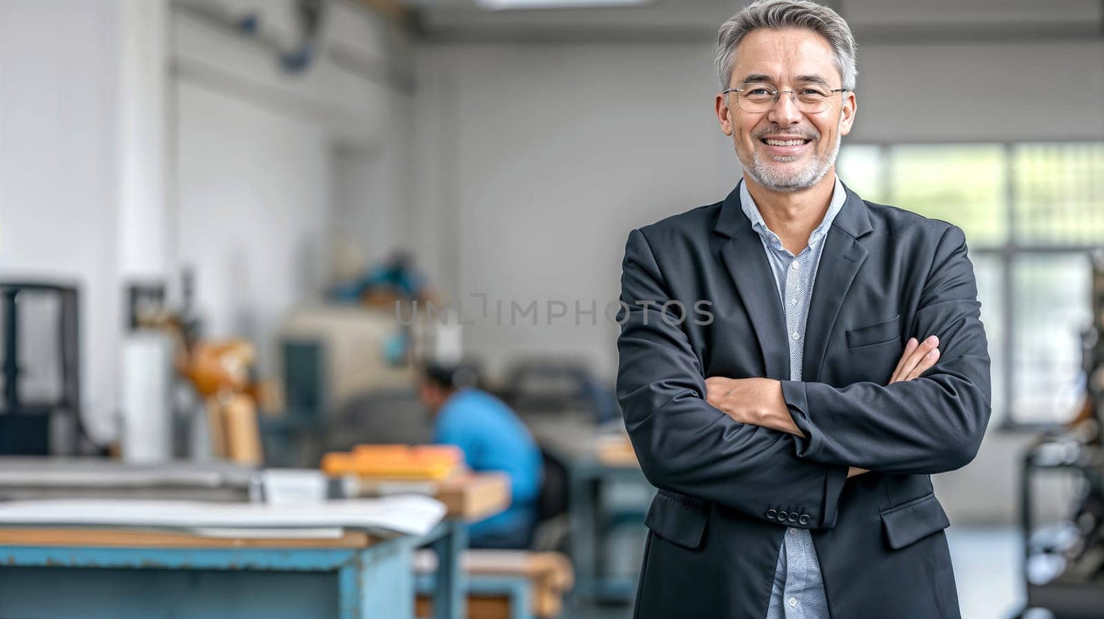 Confident Businessman Standing in Manufacturing Workshop by chrisroll