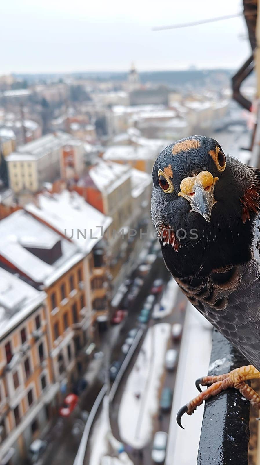 A pigeon perches on a ledge, gazing at the camera with a city blanketed in snow and buildings lining the streets in the background - Generative AI