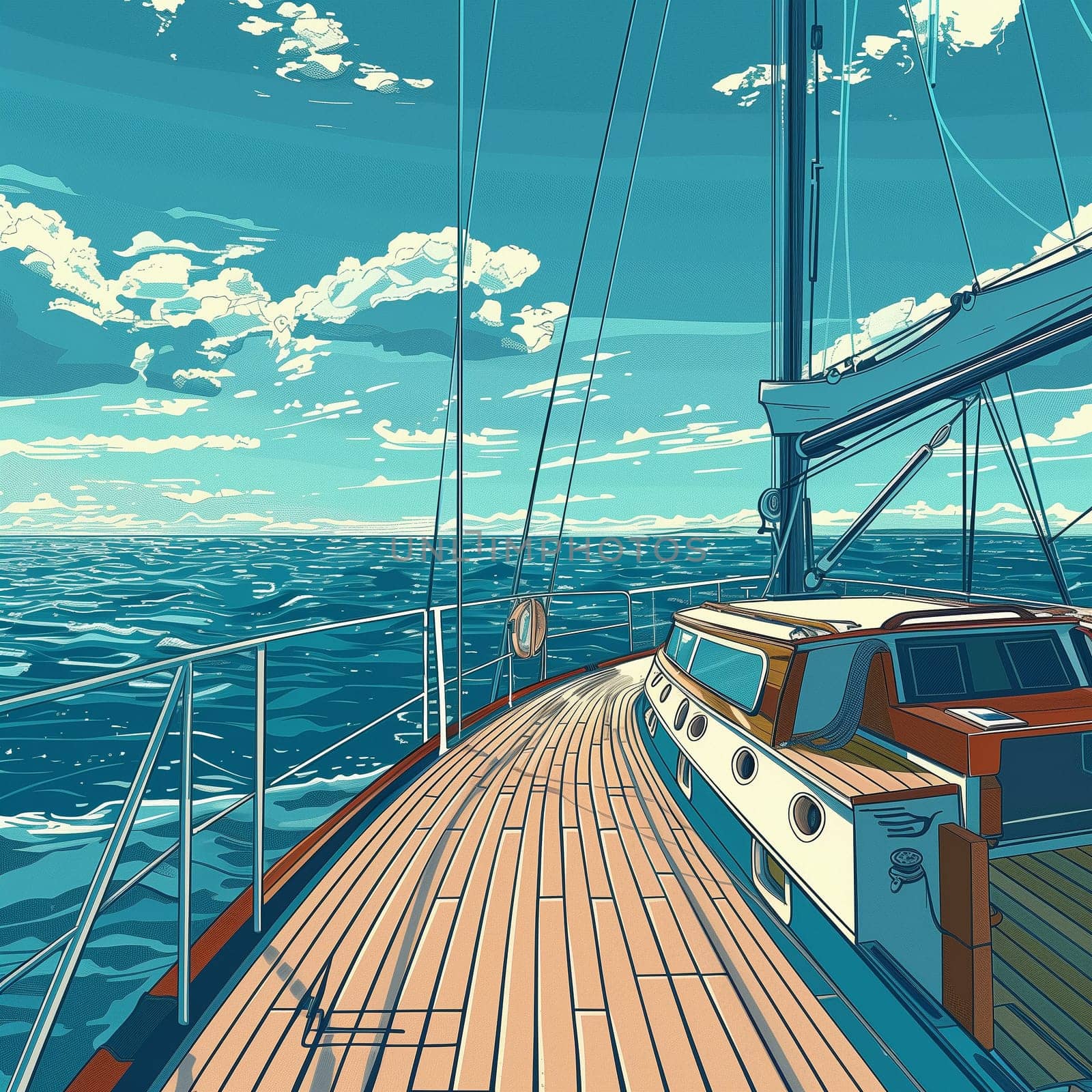 A yacht racing on the waves of the sea. Vintage anime style. High quality illustration