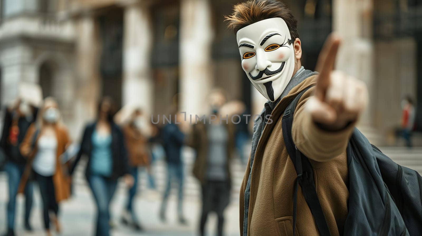 A masked anonymous individual wearing a Guy Fawkes mask amid a bustling urban crowd - Generative AI