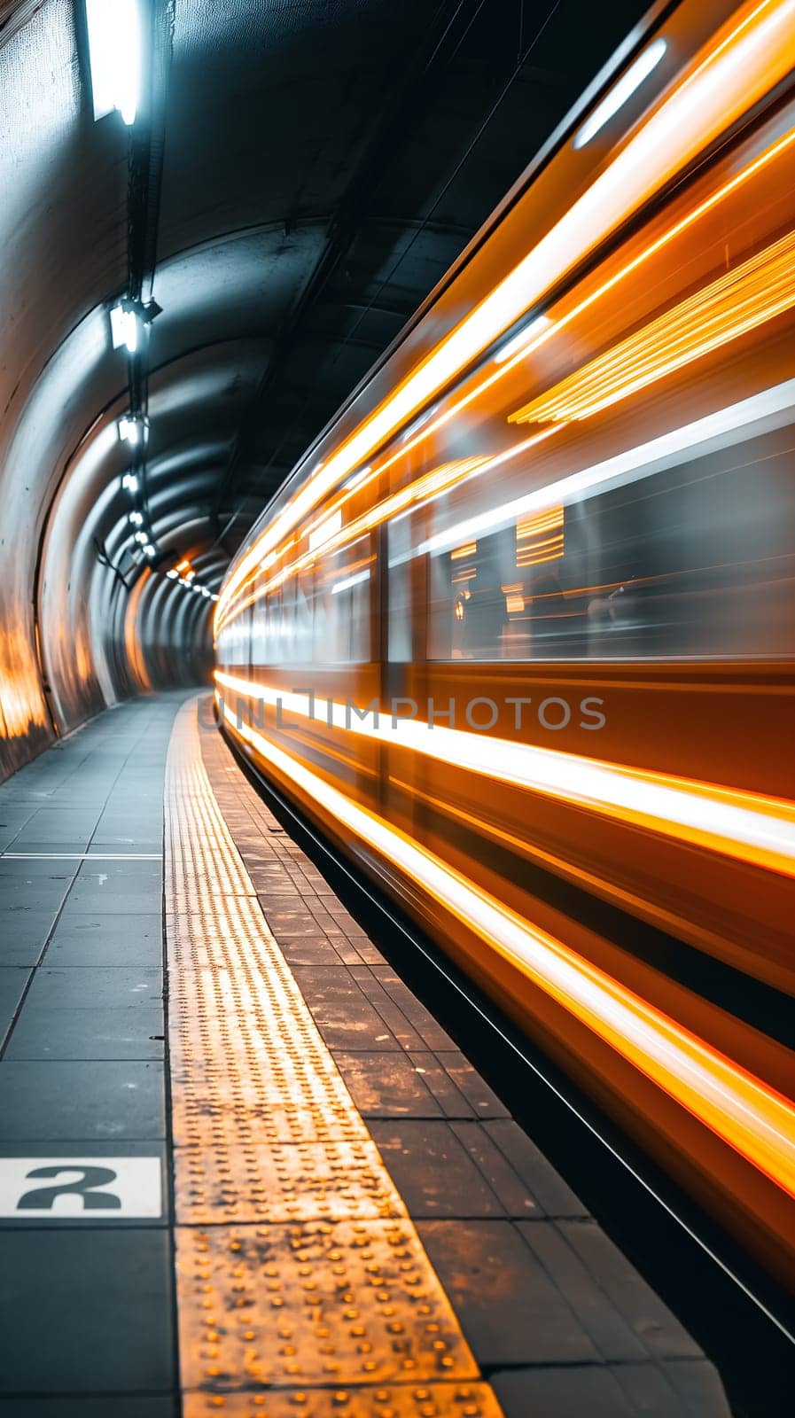 A long exposure shot captures the blur of a train in motion through an underground tunnel, with the platform standing stark and empty - Generative AI