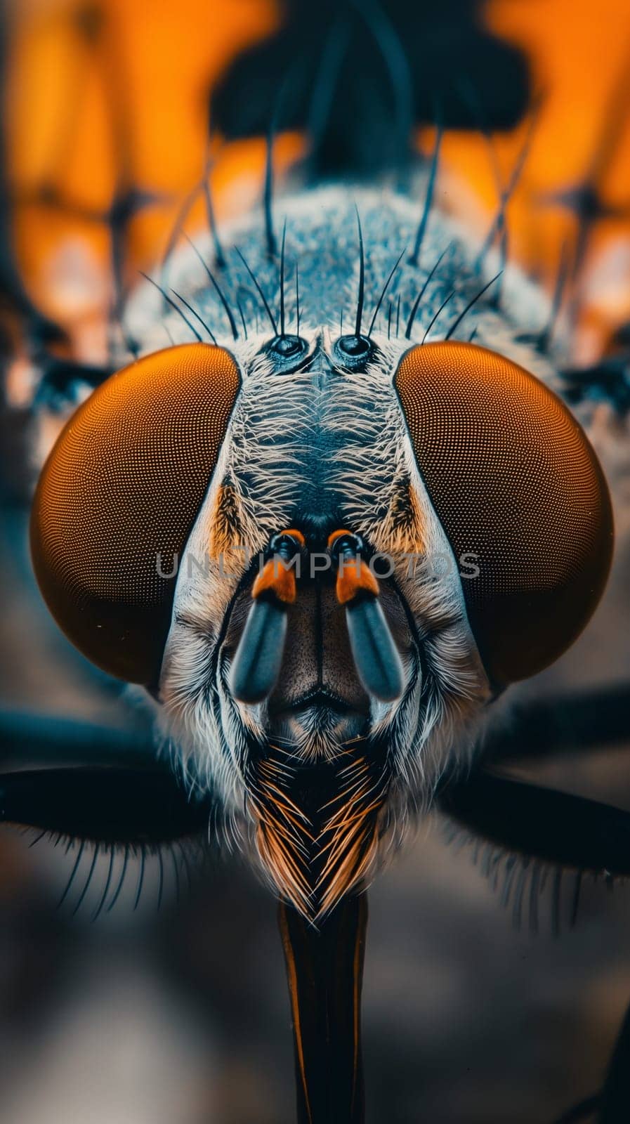 A detailed macro view of a housefly, focusing on its distinctive compound eyes and mouthparts, with a blurred background accentuating its features - Generative AI