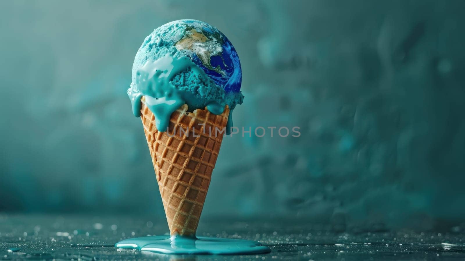 Blue Ice Cream Cone with Earth Melting Against Green Light Background Concept Artistic Depiction of Climate Change.