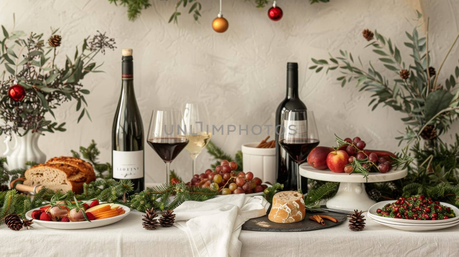 A table with a white tablecloth and a variety of food and wine. The wine bottles are on the right side of the table