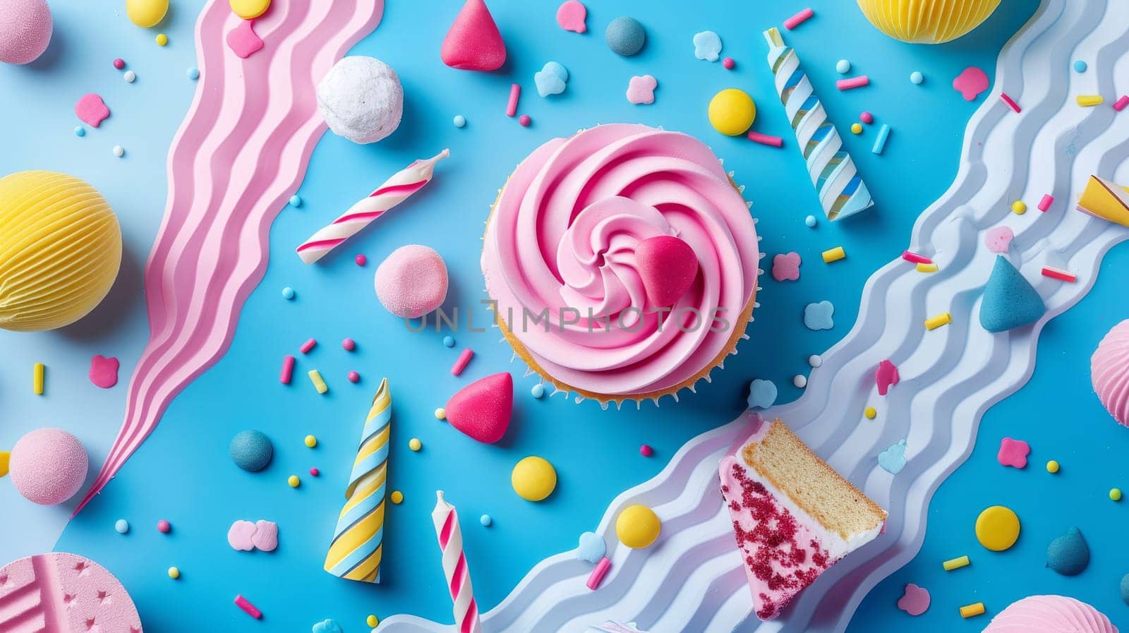 A colorful image of a pink cupcake with a heart on top, surrounded by various candies and other sweets. The image conveys a festive and celebratory mood