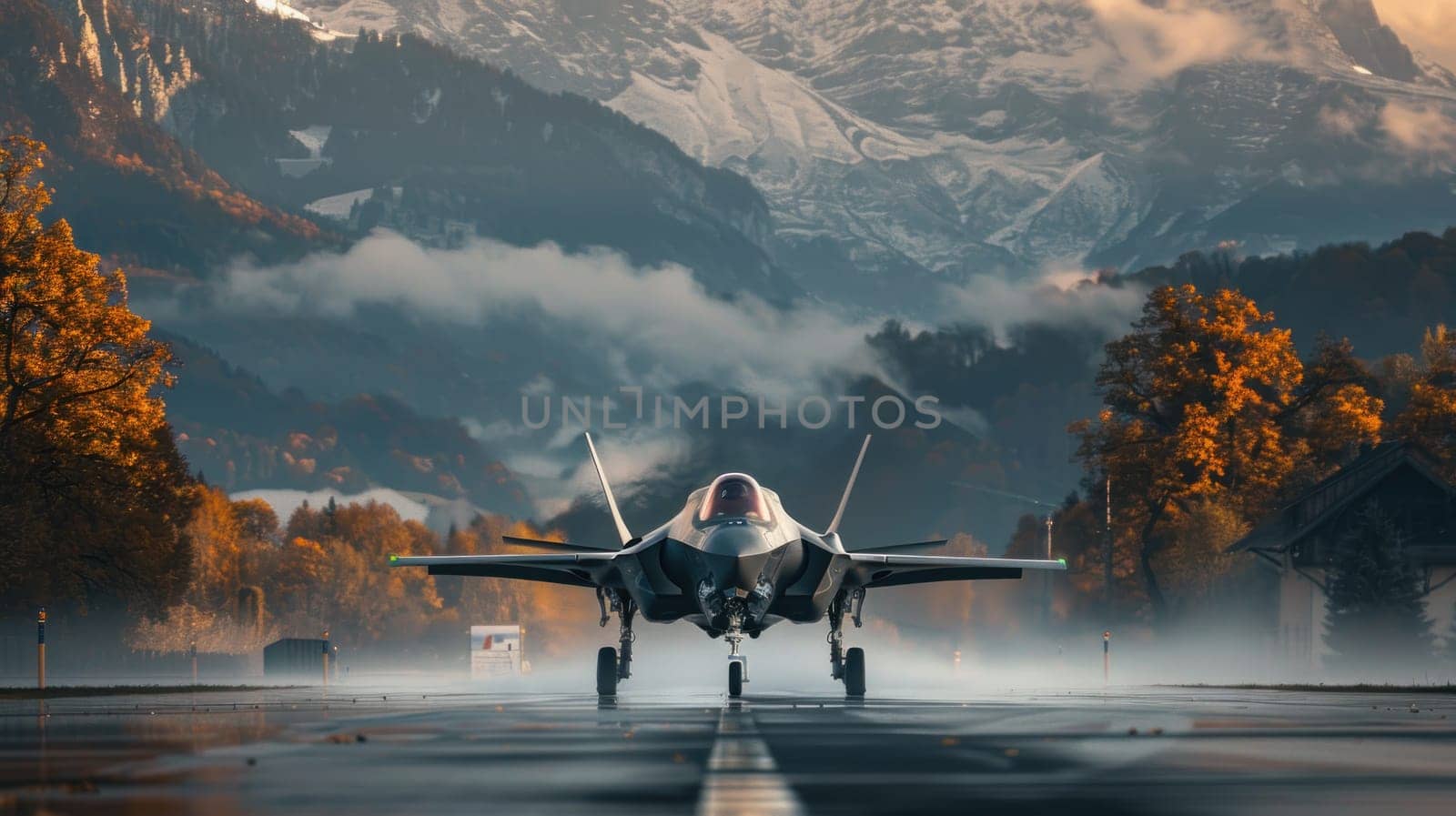 Striking Image of a Fighter Jet Landing on a Swiss Highway Framed by Majestic Swiss Alps