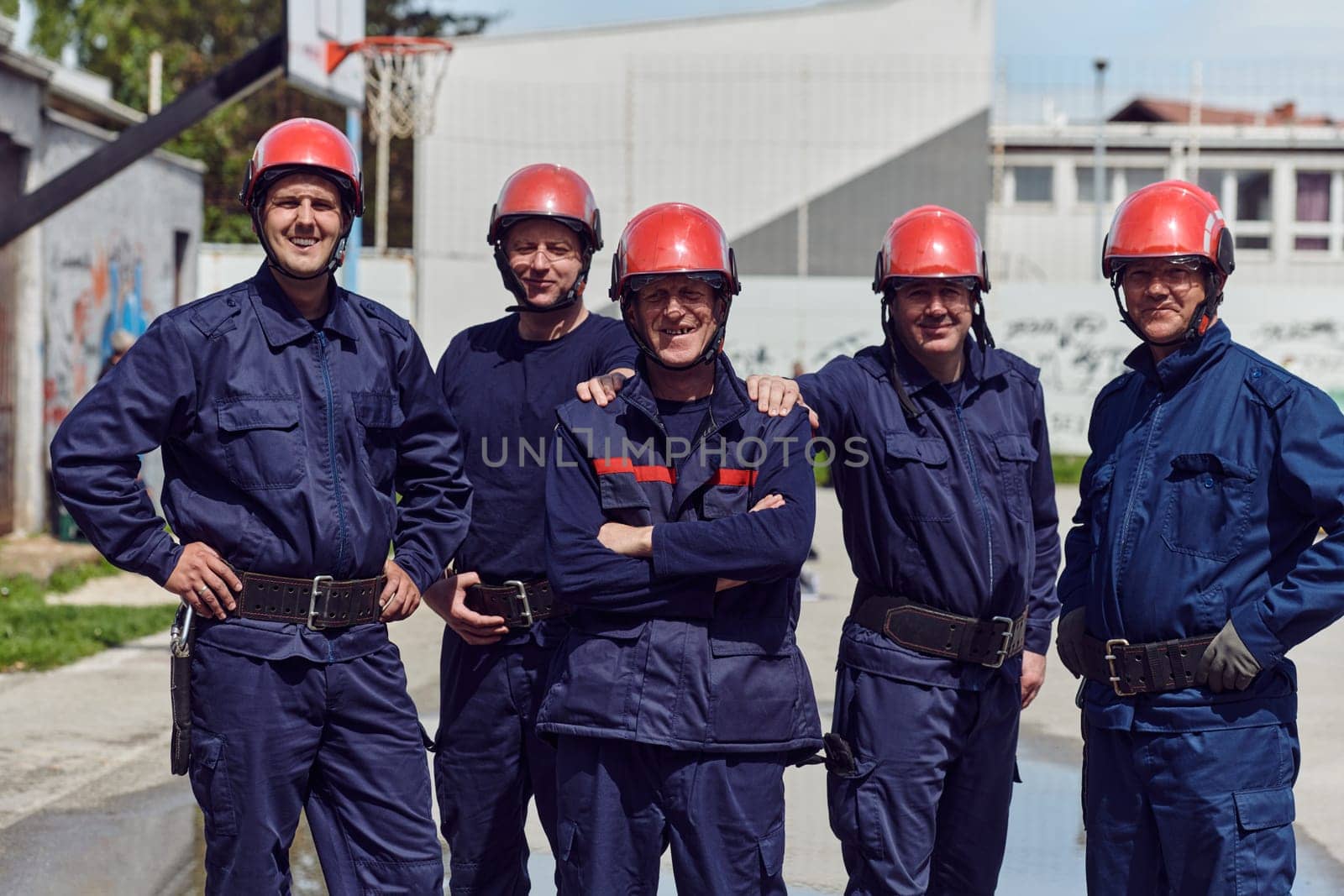 A team of confident and accomplished firefighters strides purposefully in their uniforms, exuding pride and satisfaction after successfully completing a challenging firefighting mission.