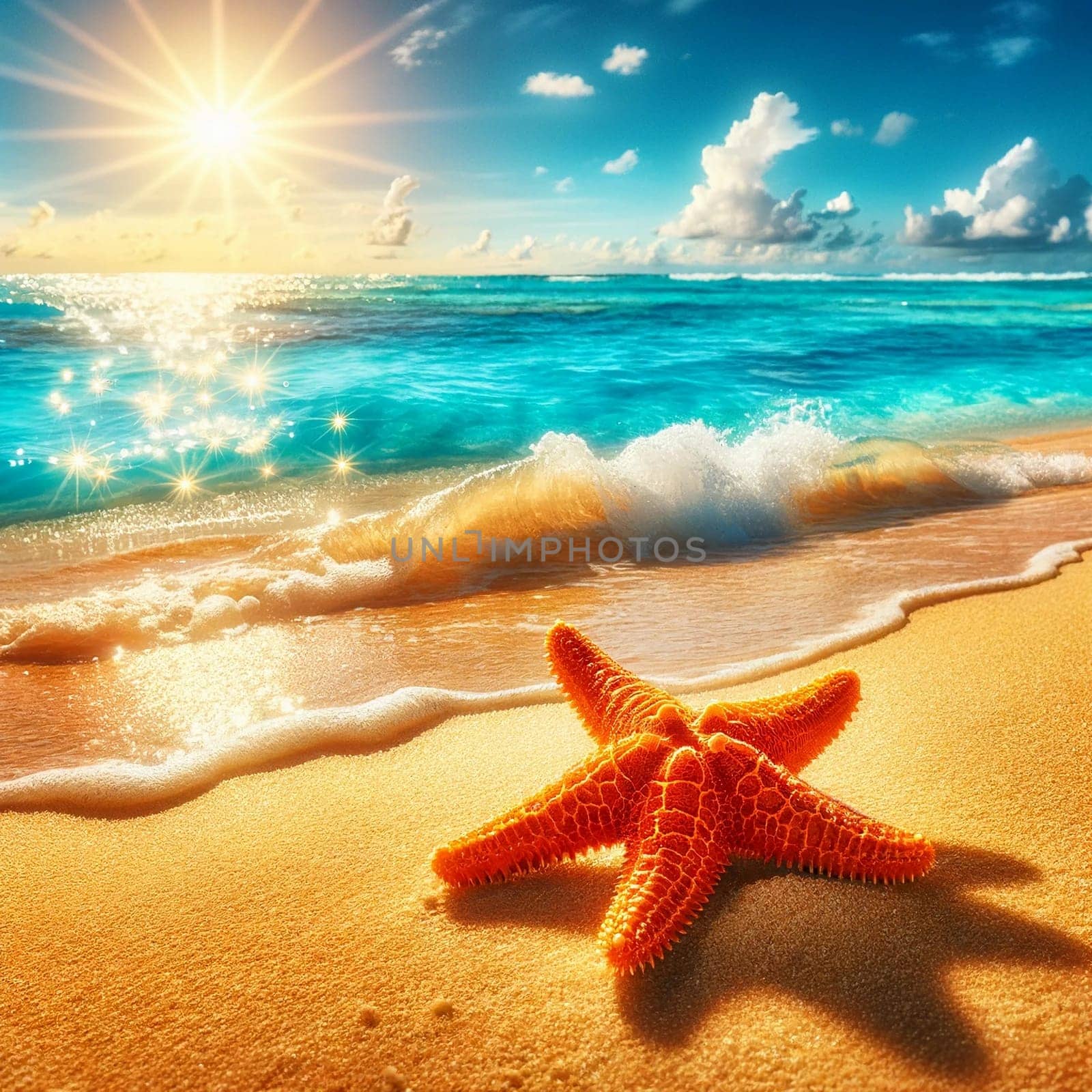 A starfish rests on the sandy beach with the sun shining in the background.