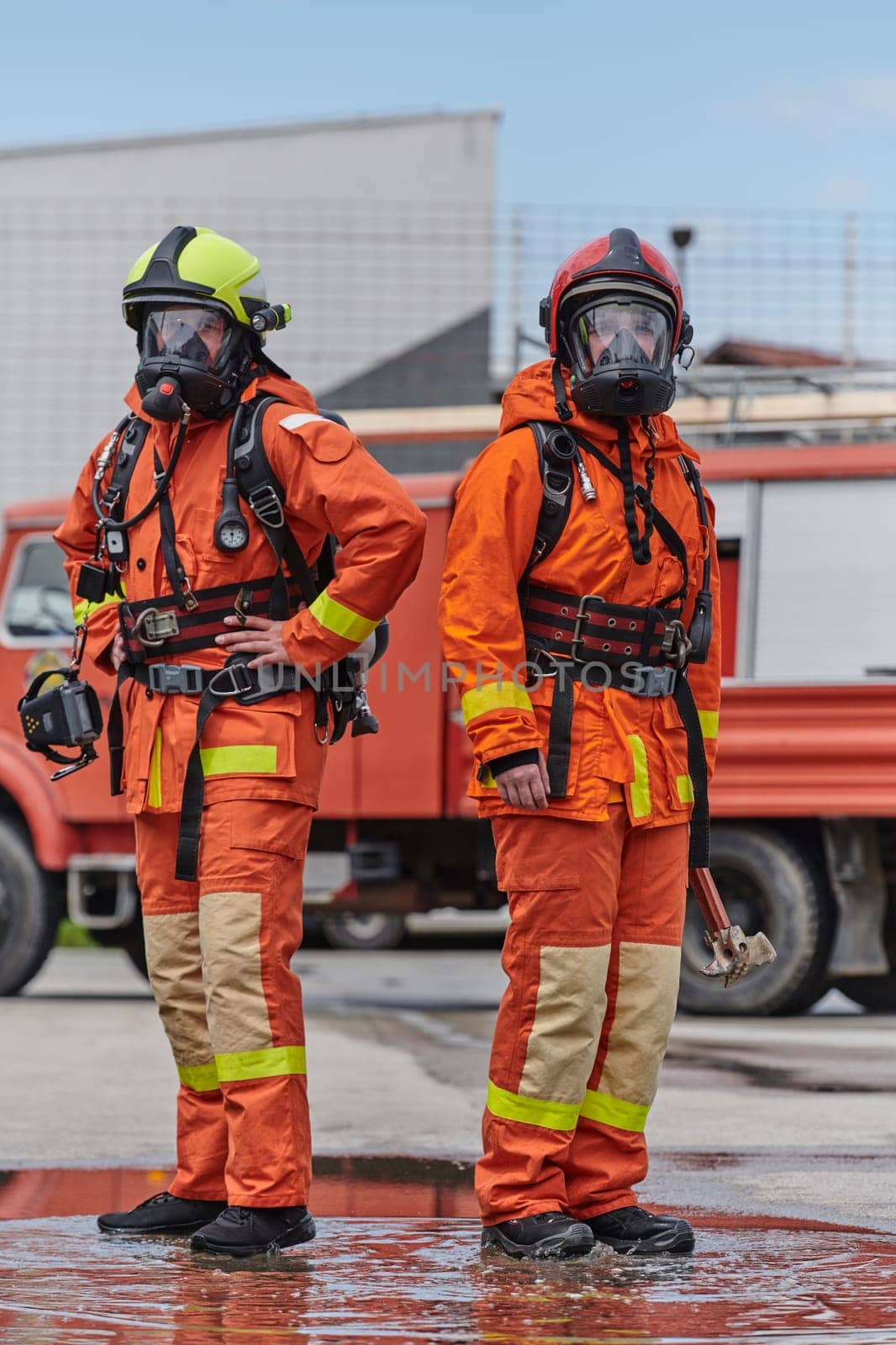 A team of firefighters, dressed in professional gear, undergoes training to learn how to use various firefighting tools and prepare for firefighting tasks.