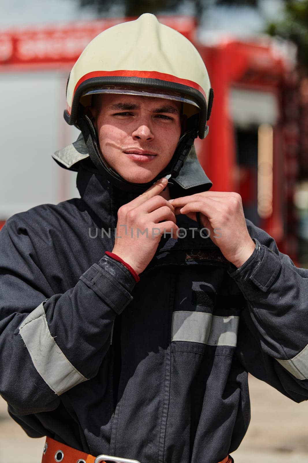 A firefighter, adorned in professional gear, stands confidently beside a fire truck following a grueling firefighting training session