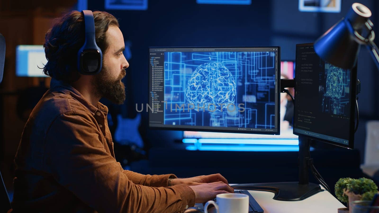 Developer updating artificial intelligence neural networks, drinking coffee and listening music in personal office. IT expert enjoying hot beverage and audio podcasts while writing AI code, camera A