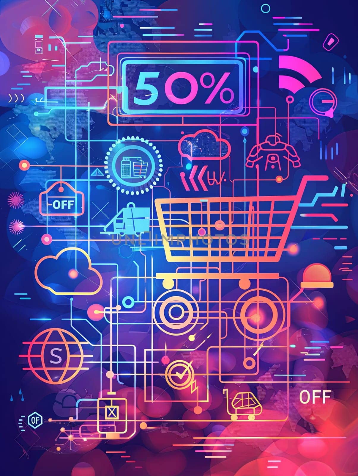 Abstract background with a shopping cart, digital icons, and a large 50% OFF text.
