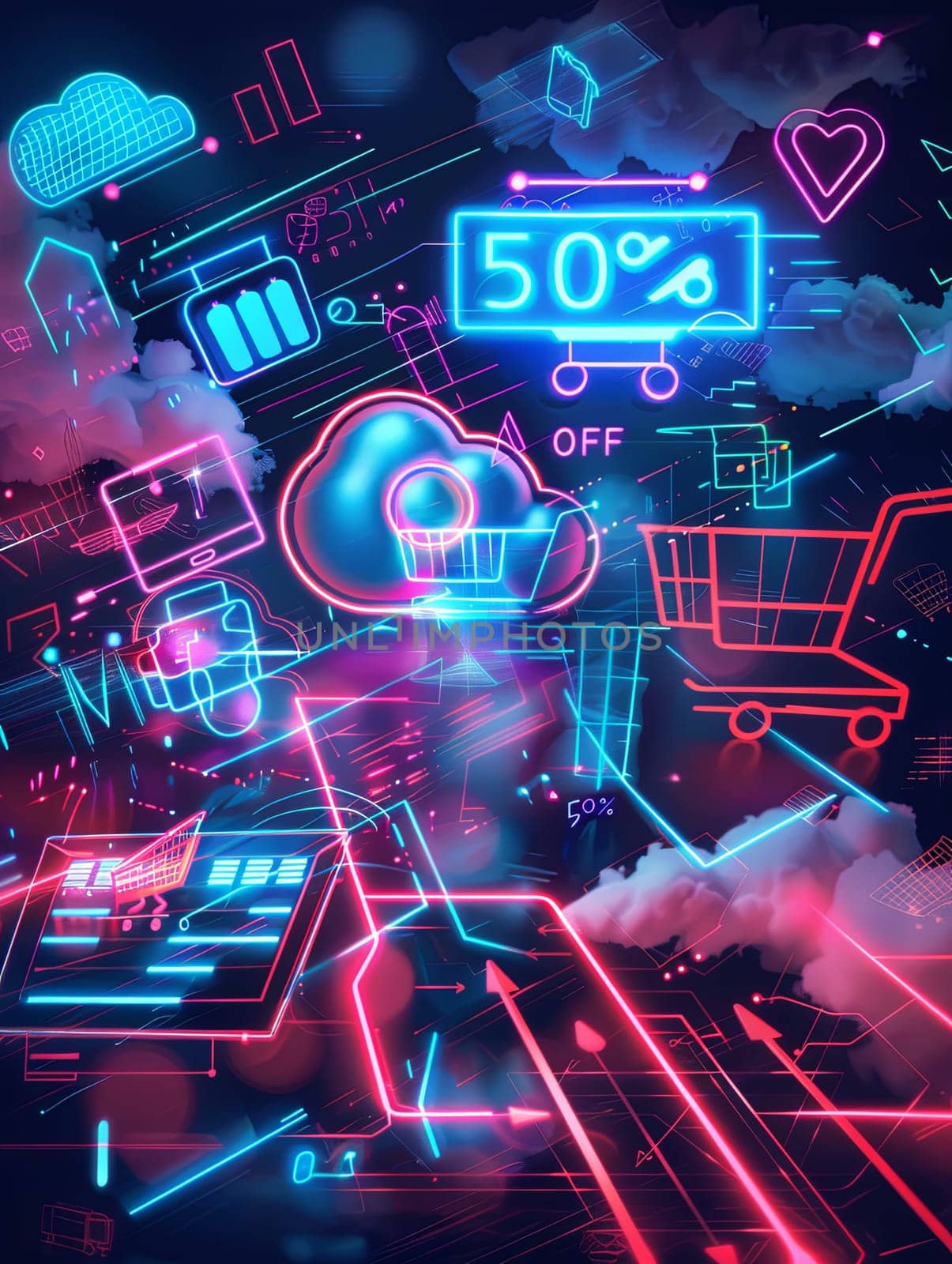 An abstract background with neon glowing digital shopping carts, product icons, and a bold 50% OFF sign. Generative AI by AnatoliiFoto