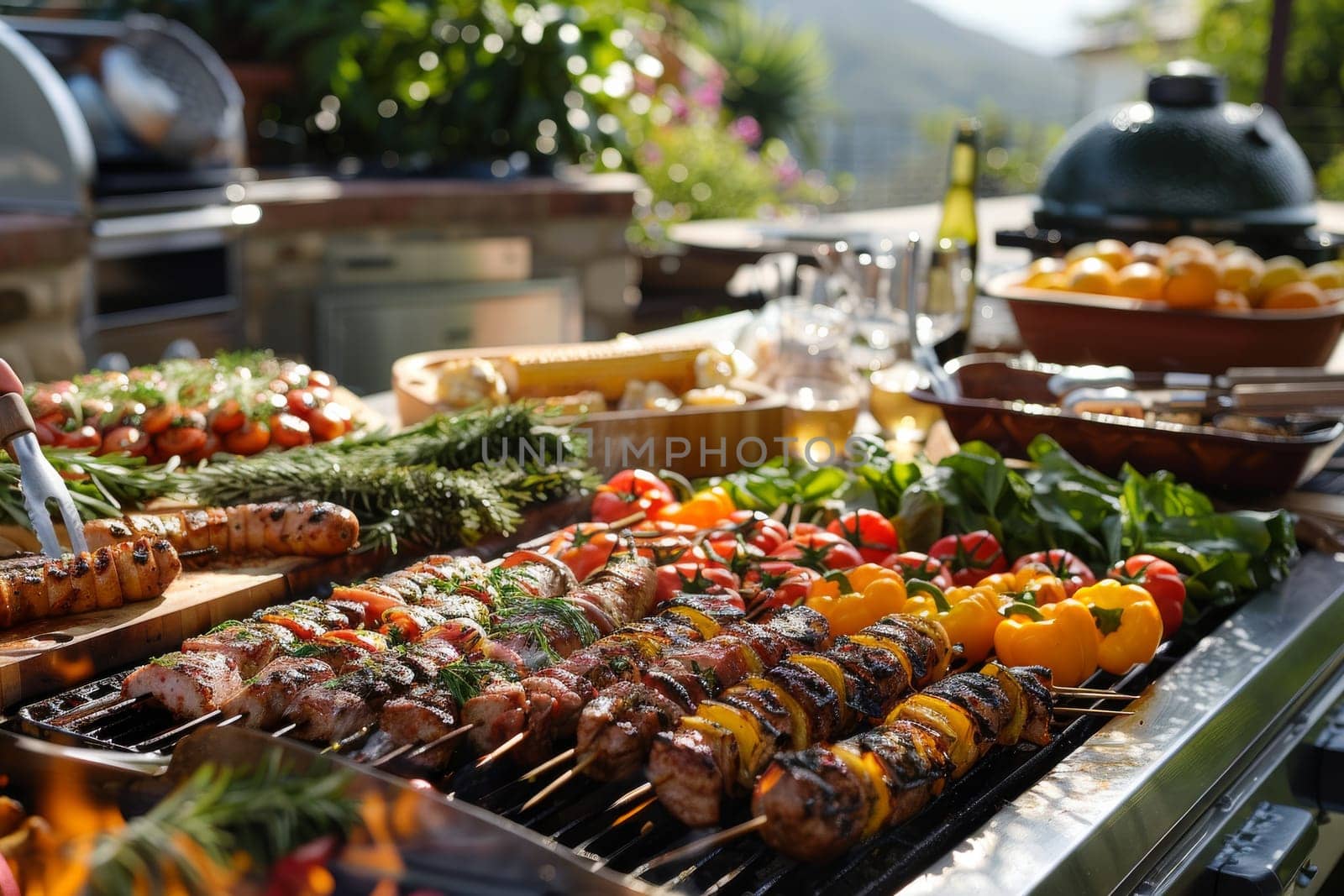 A grill is filled with a variety of meats and vegetables, including sausages, peppers, corn, and tomatoes. The food is cooking over an open flame, giving it a smoky, charred flavor