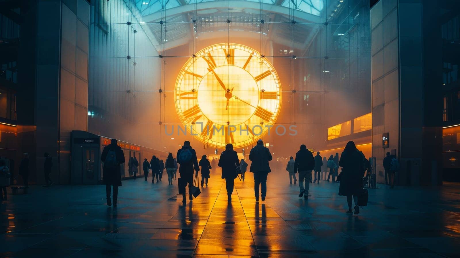 A large clock in a train station with people walking around. The clock is blue and white. Scene is busy and bustling