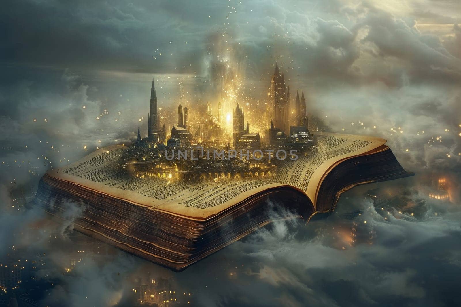 A city is shown in the middle of a book, with a large open book on top of it. The city is illuminated with lights, giving it a warm and inviting atmosphere. The scene is reminiscent of a fantasy world