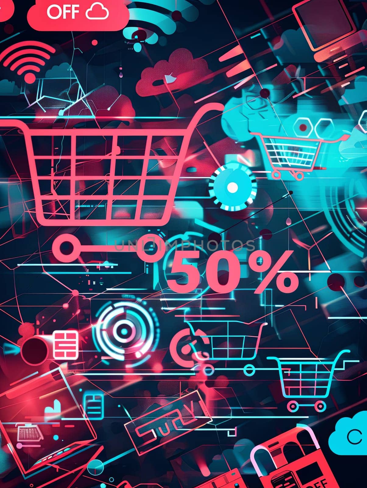 An abstract background showcasing the online shopping experience with digital shopping carts, product icons, and a 50% off sale promotion.