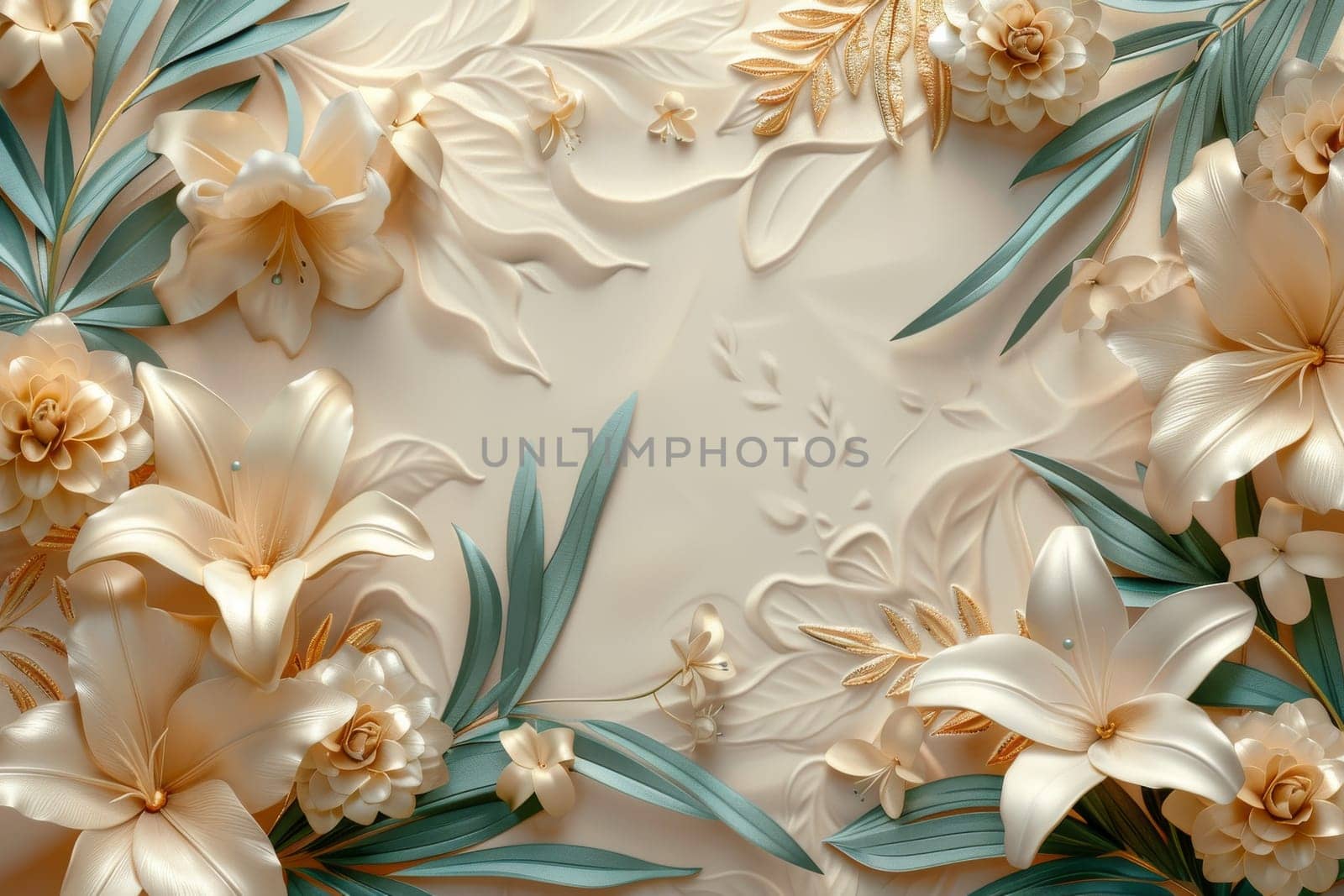 A beautiful floral design with gold and green elements. The flowers are arranged in a way that creates a sense of harmony and balance. The gold and green colors give the image a luxurious