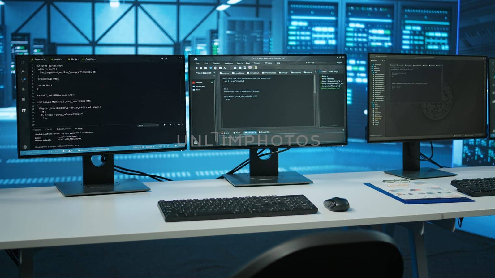 Lines of code running on computer screens in data center by DCStudio