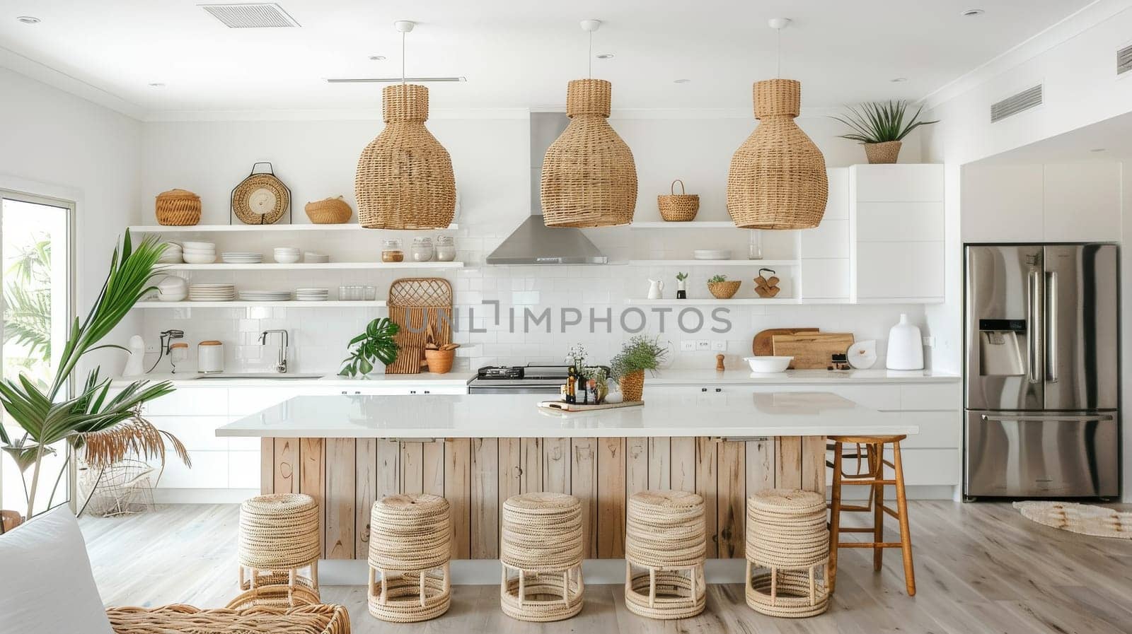 A kitchen with a wooden island and a countertop with a potted plant on it. The kitchen is decorated with a lot of plants and has a rustic feel