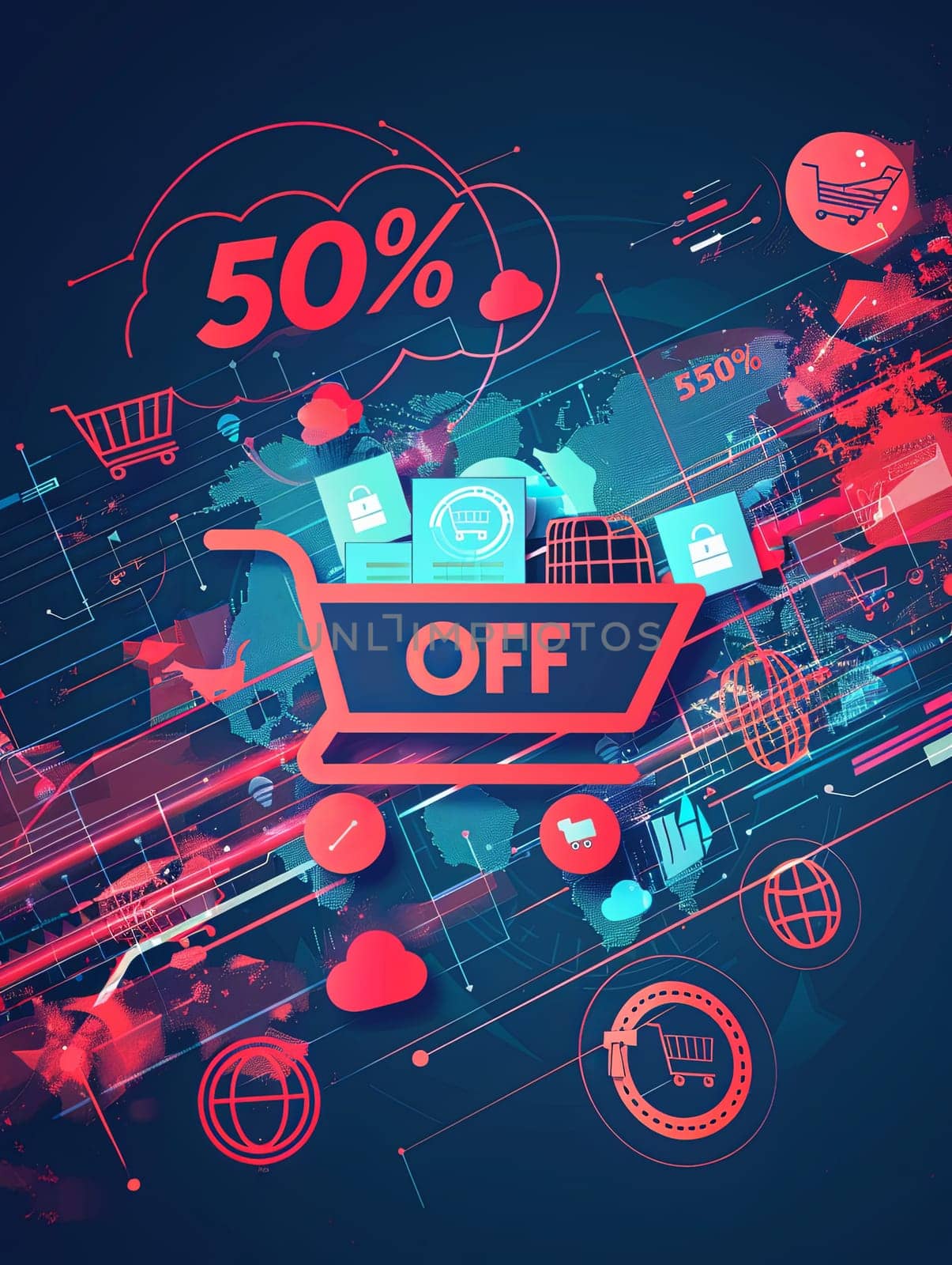 An abstract background with a shopping cart, product icons, and the bold text 50% OFF.