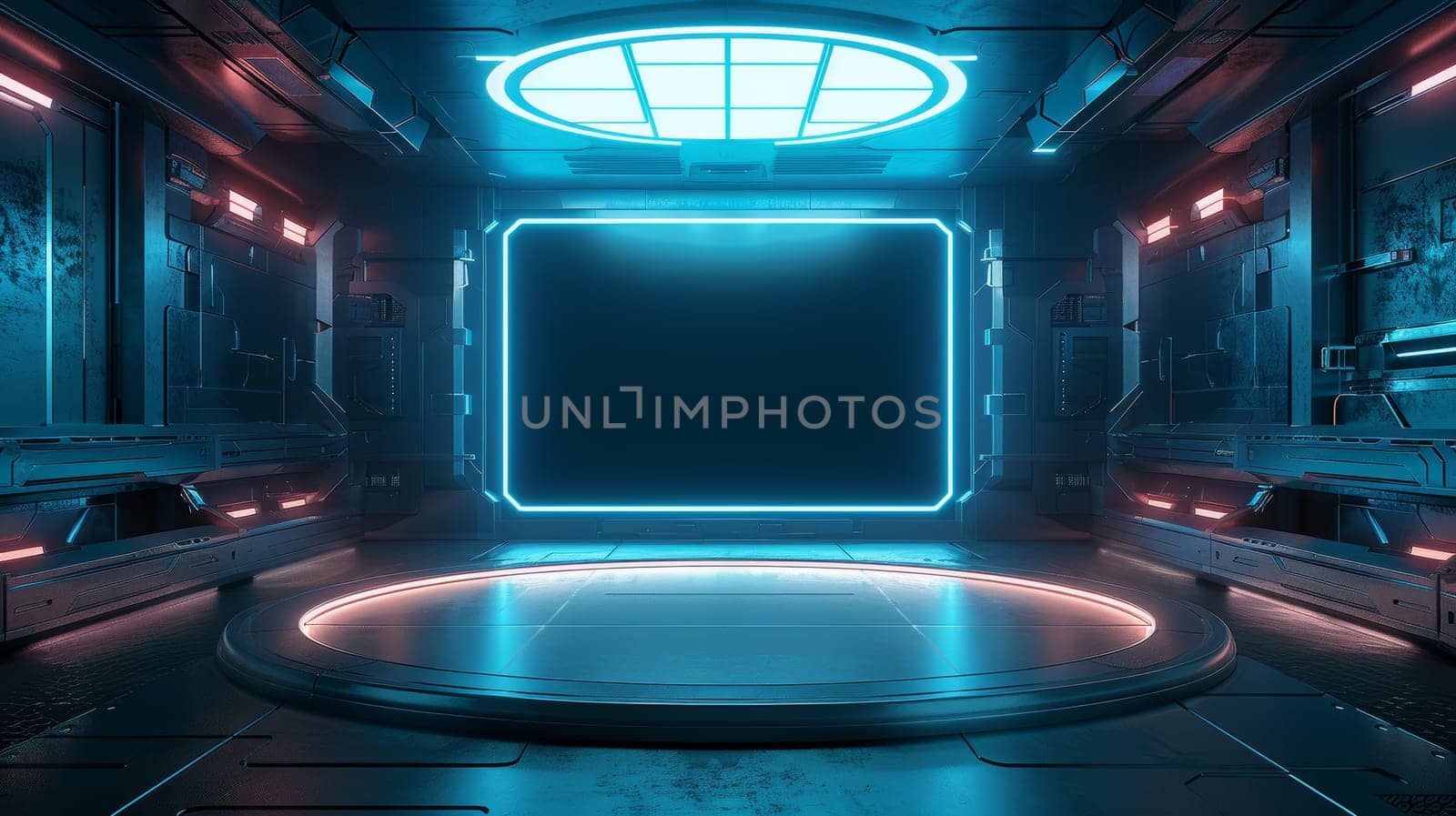 A futuristic space with a large, empty screen. The room is filled with neon lights and has a futuristic, industrial feel