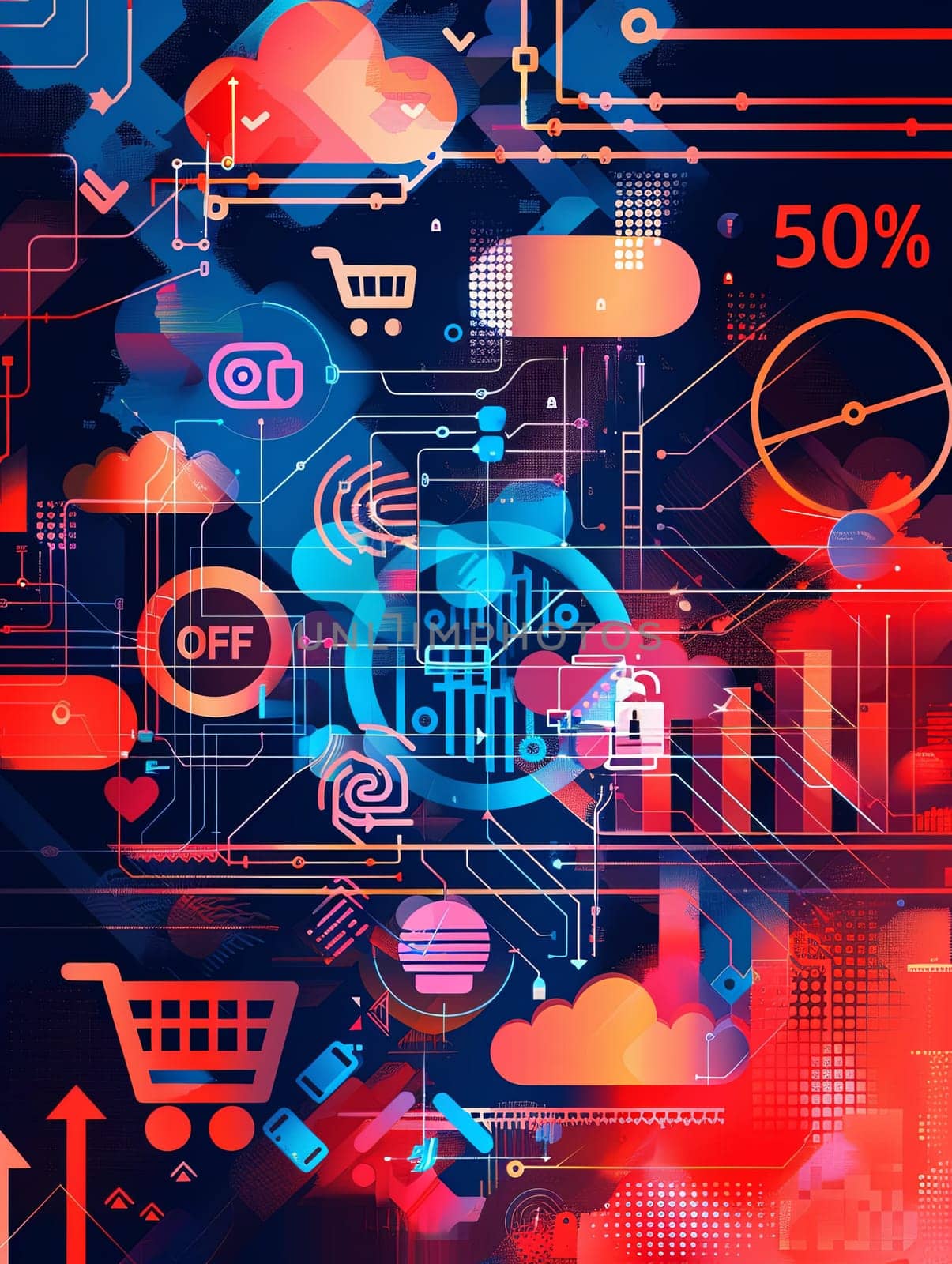 Abstract digital background depicting online shopping with shopping carts, product icons, and a prominent 50% OFF text.