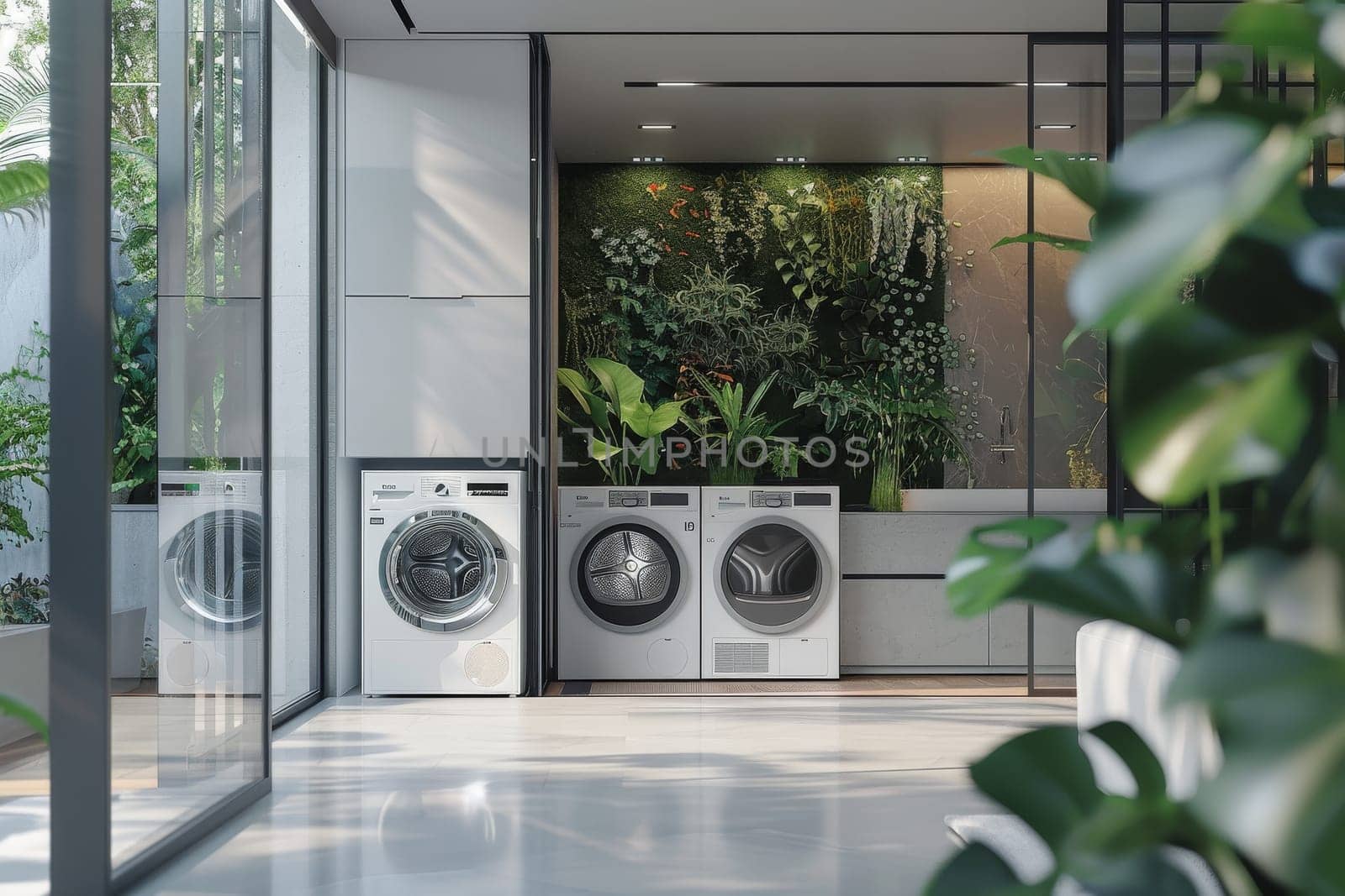 A modern house with a white washer and dryer and a green plant. The washer and dryer are placed next to each other, and the plant is in a pot on the counter. The kitchen has a clean