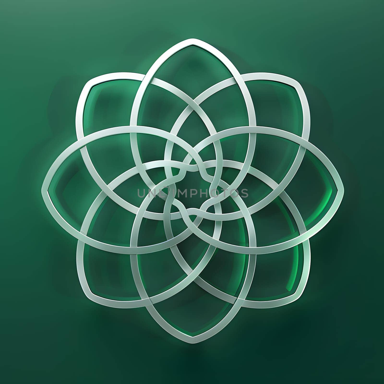 A Celtic knot design resembling a flower, intricately woven on a green background. The symmetry and patterns create a beautiful art piece, with metal rims enhancing the fashion accessory symbol