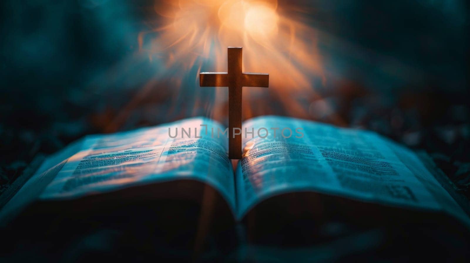 A Close-up of a Cross with an Inspiring Glow Emanating from an Open Bible.