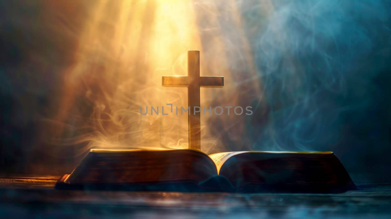 A Close-up of a Cross with an Inspiring Glow Emanating from an Open Bible.