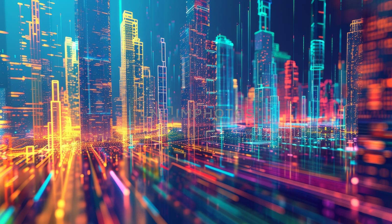 A cityscape with a bright orange line running through it by AI generated image.