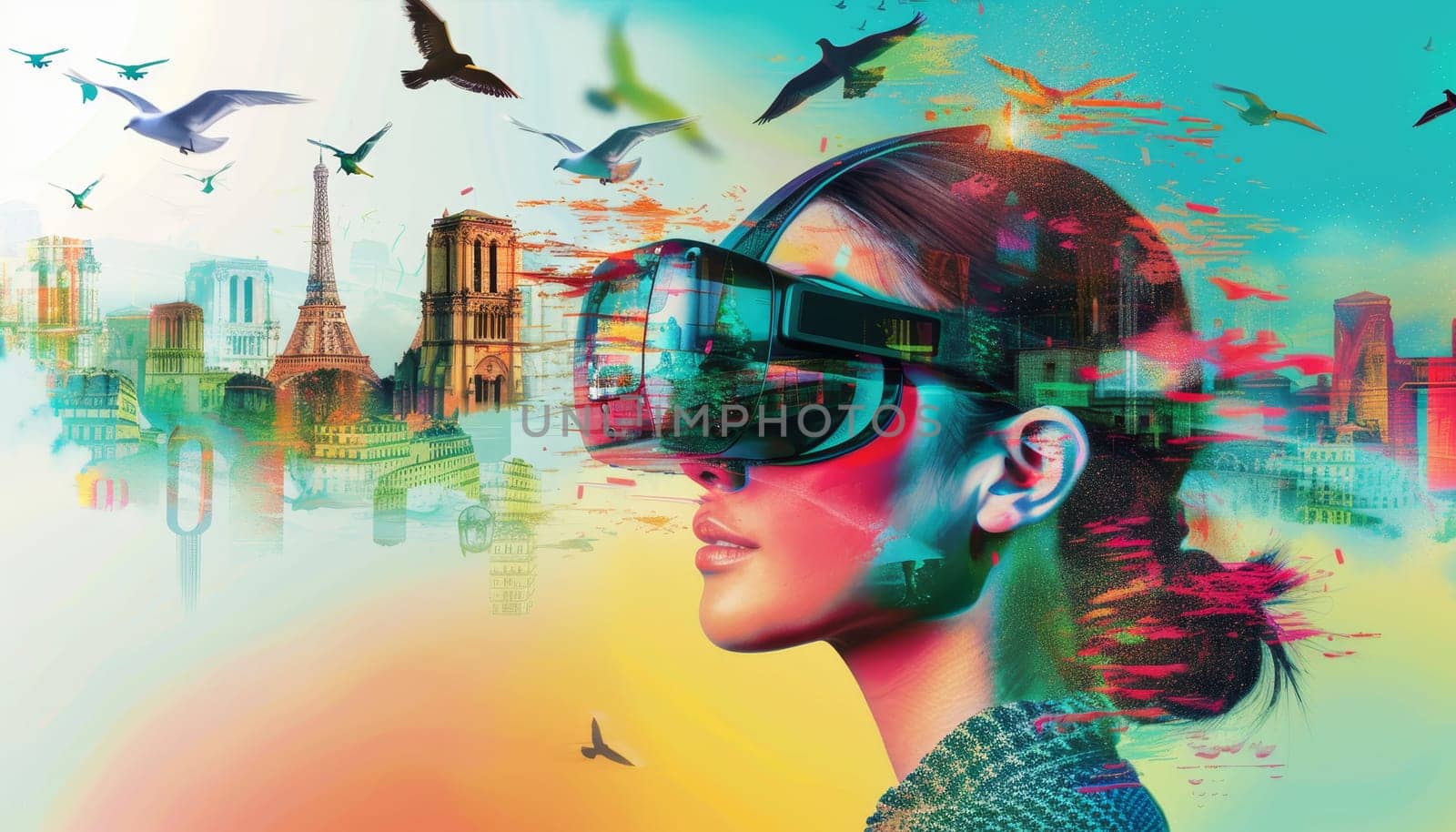 Surreal digital collage of VR experience with landmarks, Concept of virtual reality and imagination by AI generated image by wichayada