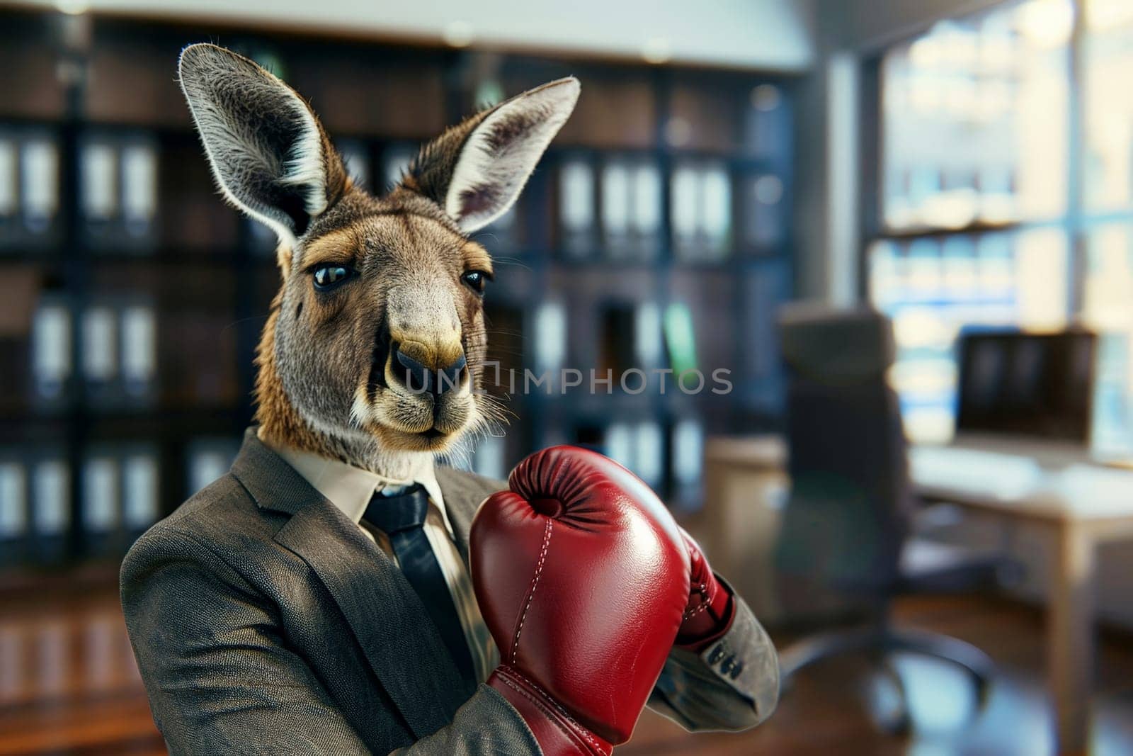 A Kangaroo with boxing gloves in a business suit, standing confidently in a bustling corporate office,.