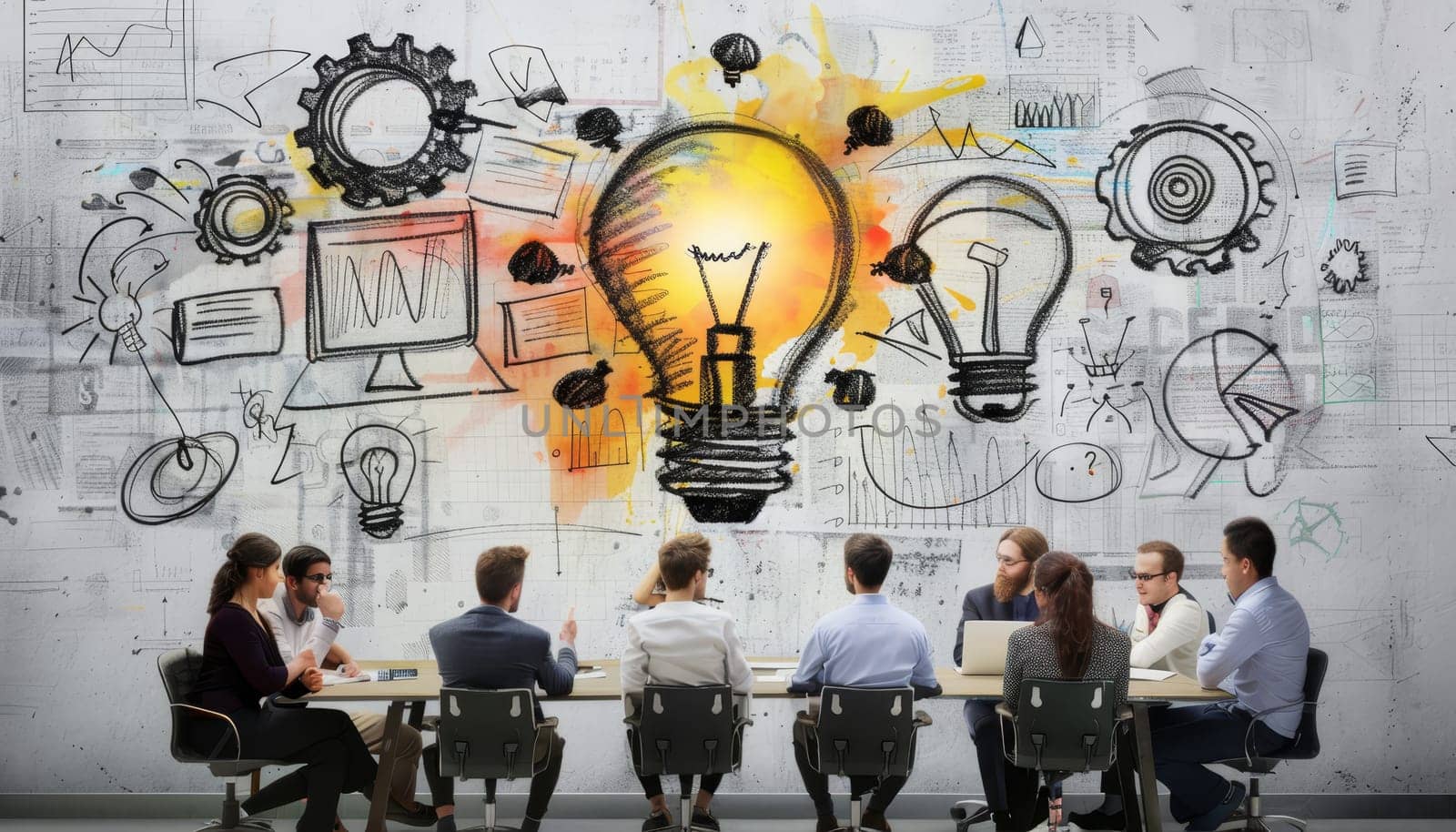 Group of business people brainstorming with digital light bulb illustration, Concept of teamwork and creativity by AI generated image by wichayada