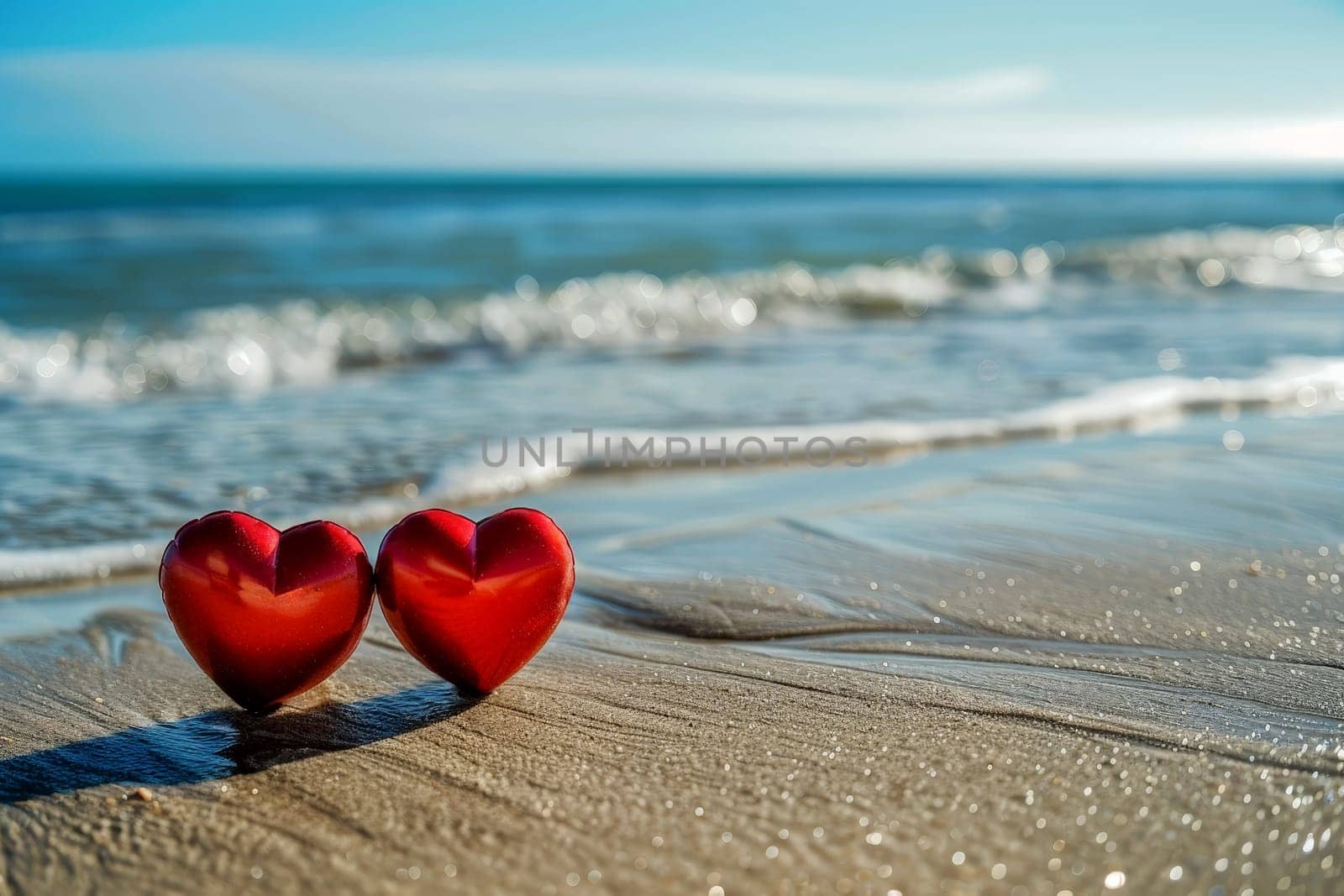 love two red hearts on the beach, AI generated.