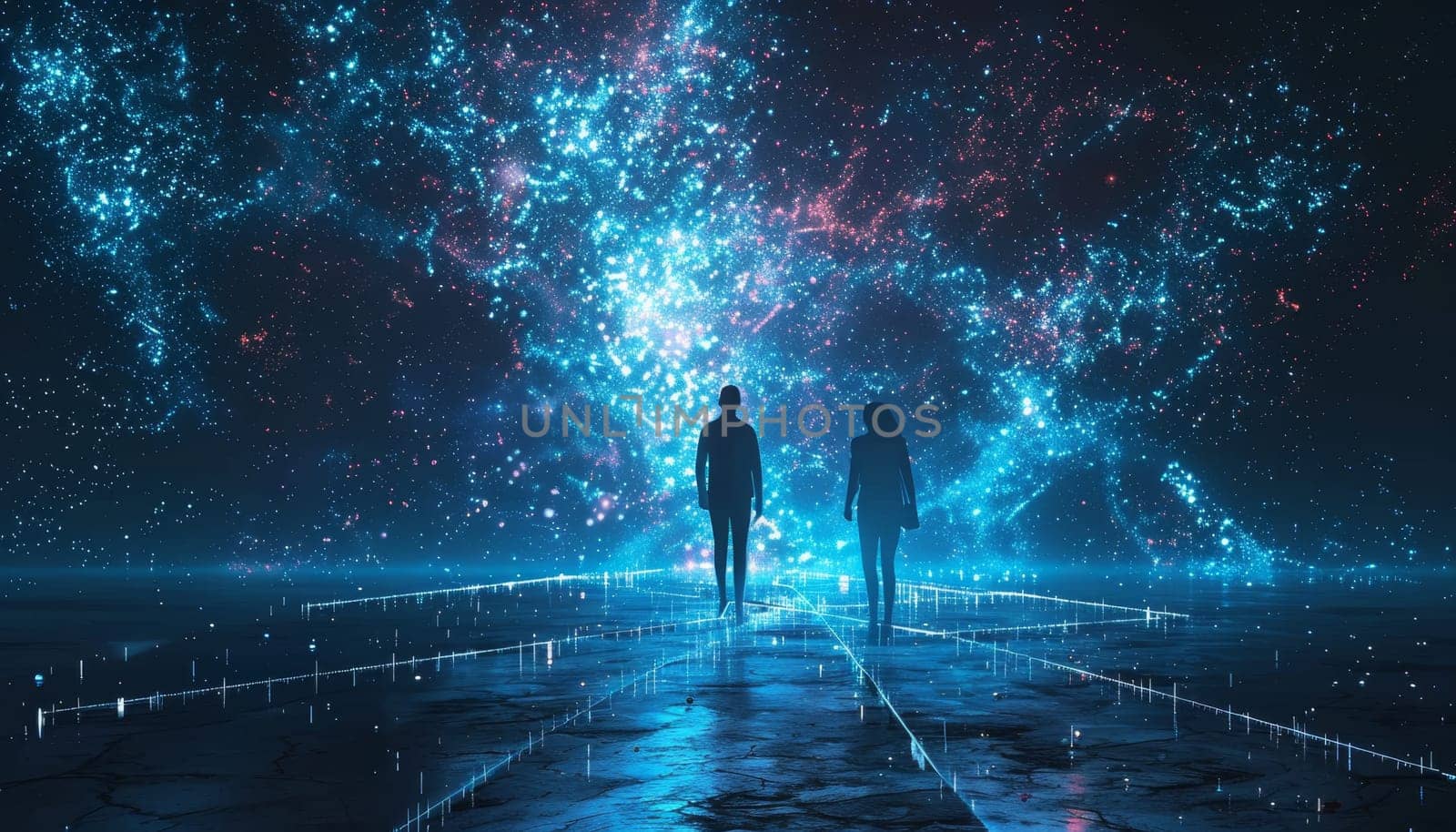 A couple standing in front of a large blue circle by AI generated image by wichayada