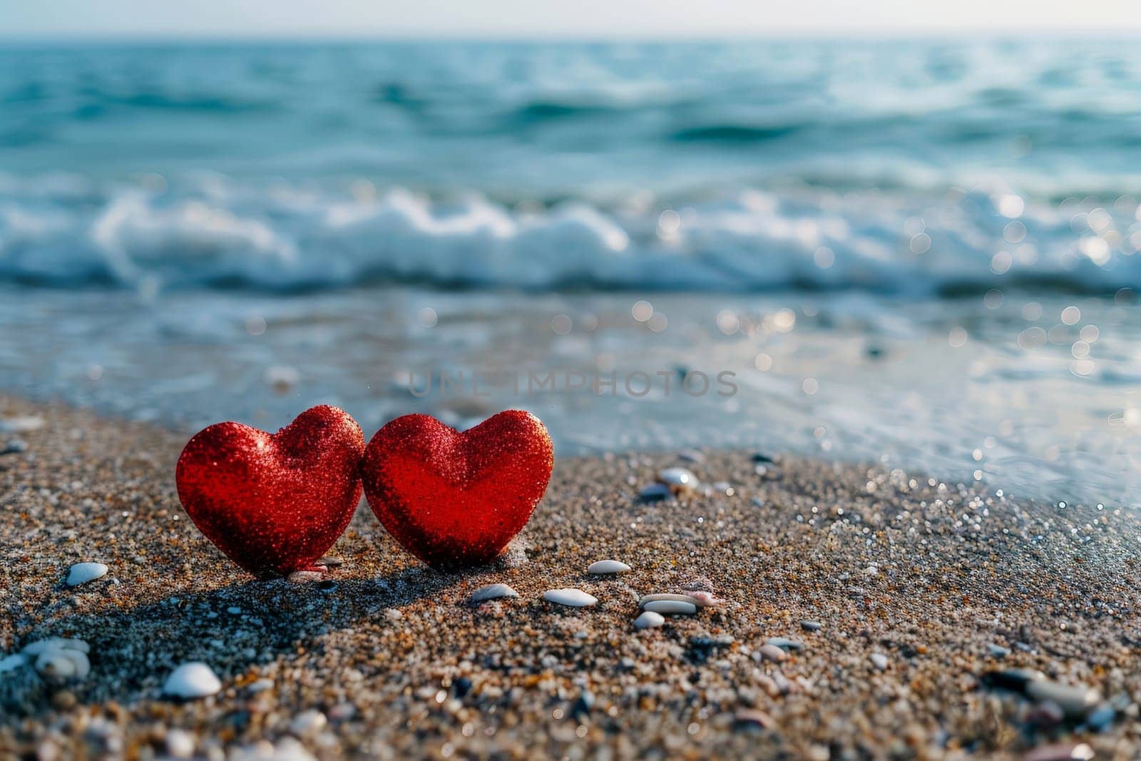 love two red hearts on the beach, AI generated.